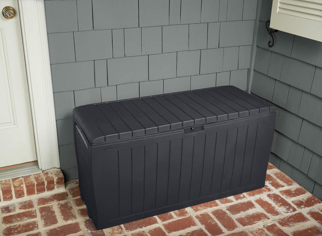 Keter Marvel Plus 71 Gallon Resin Outdoor Storage Box for Patio Furniture Cushions, Throw Pillows, Garden Tools and Pool Floats, Beige