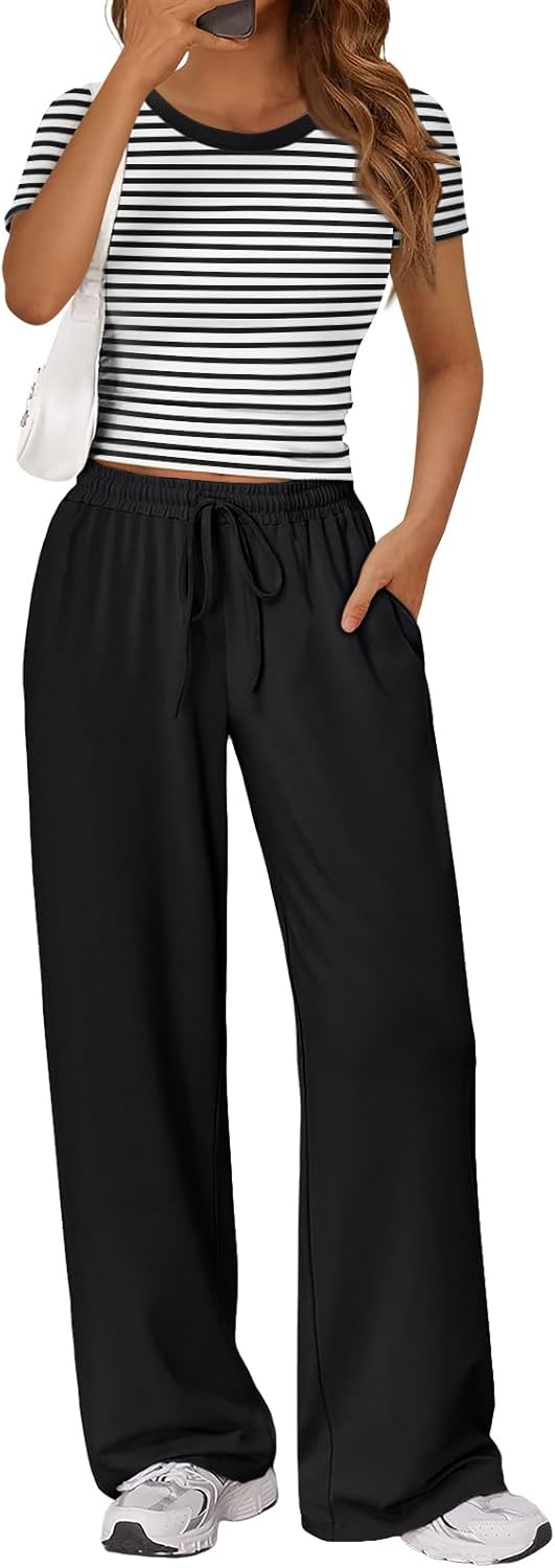 Trendy Queen 2 Piece Matching Summer Lounge Set Womens Side Ruching Top Wide Leg Pants Sets with Pockets