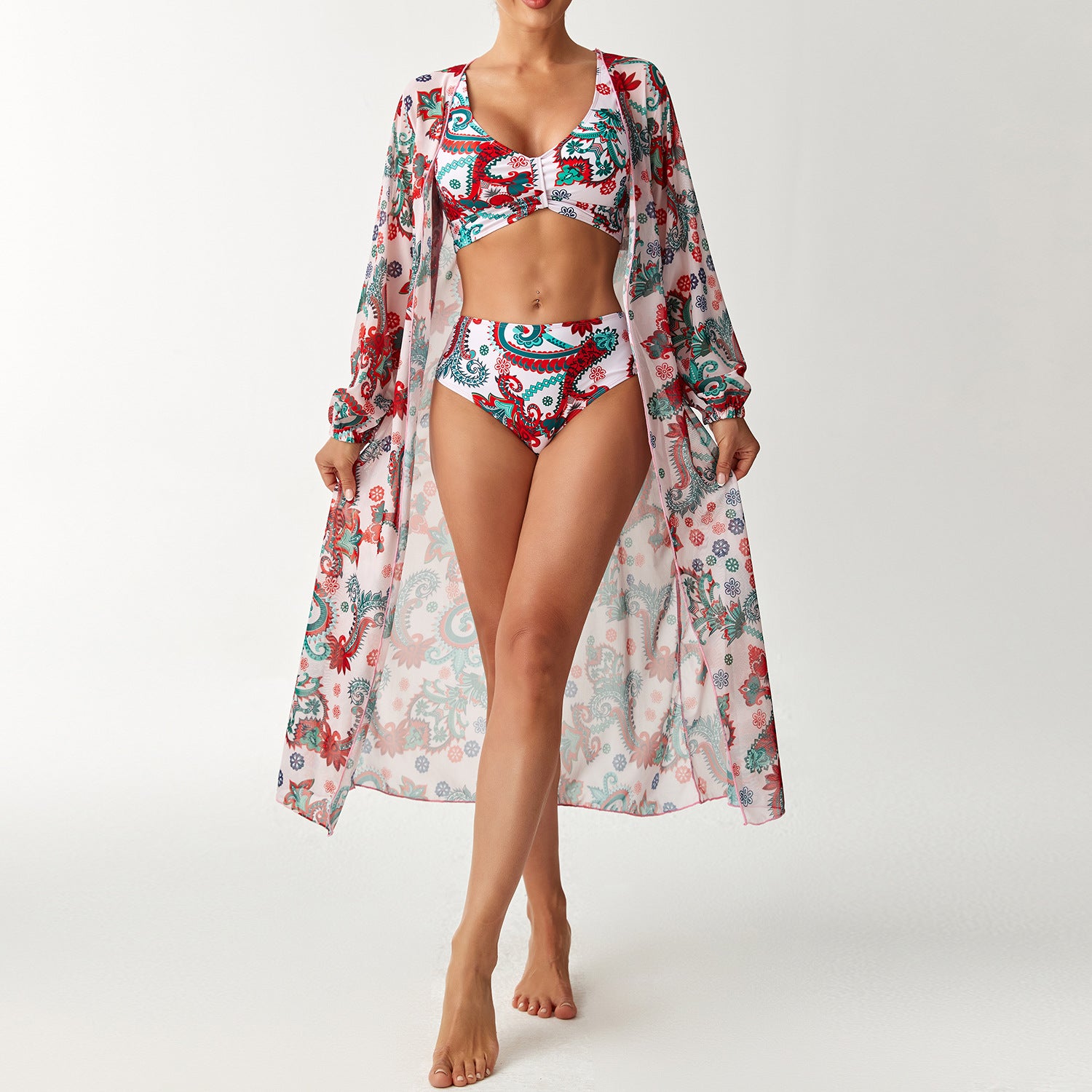 Printed split swimsuit three piece long sleeved set