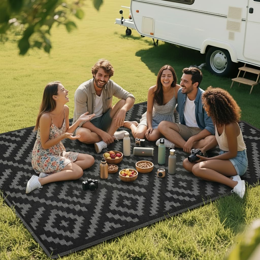 RURALITY Outdoor Rugs 8'x10' Waterproof for Patios Clearance,Plastic Straw Mats for RV, Camping,Backyard,Porch,Deck,Balcony,Reversible,Geometric