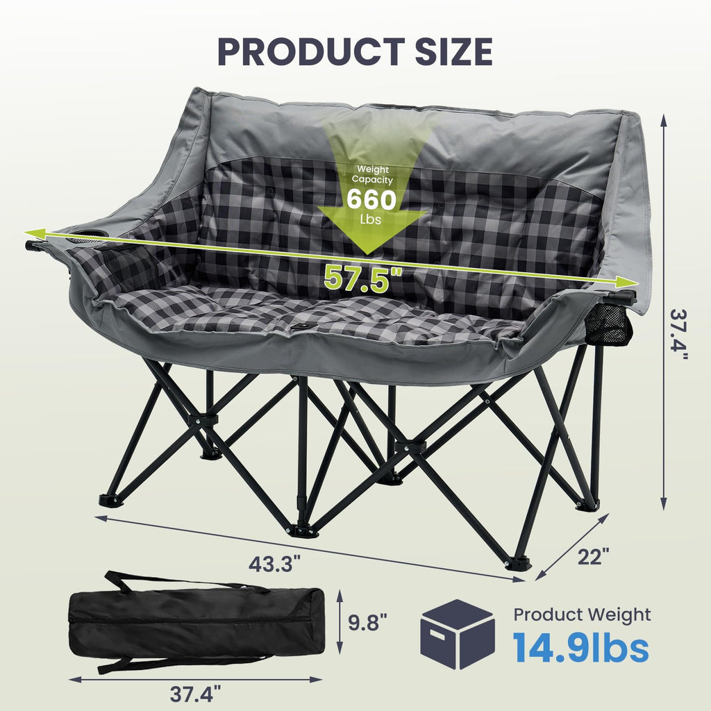 DoCred Double Camping Loveseat Chair | 2-Person | 660 lb Capacity | Cup Holders & Side Pockets