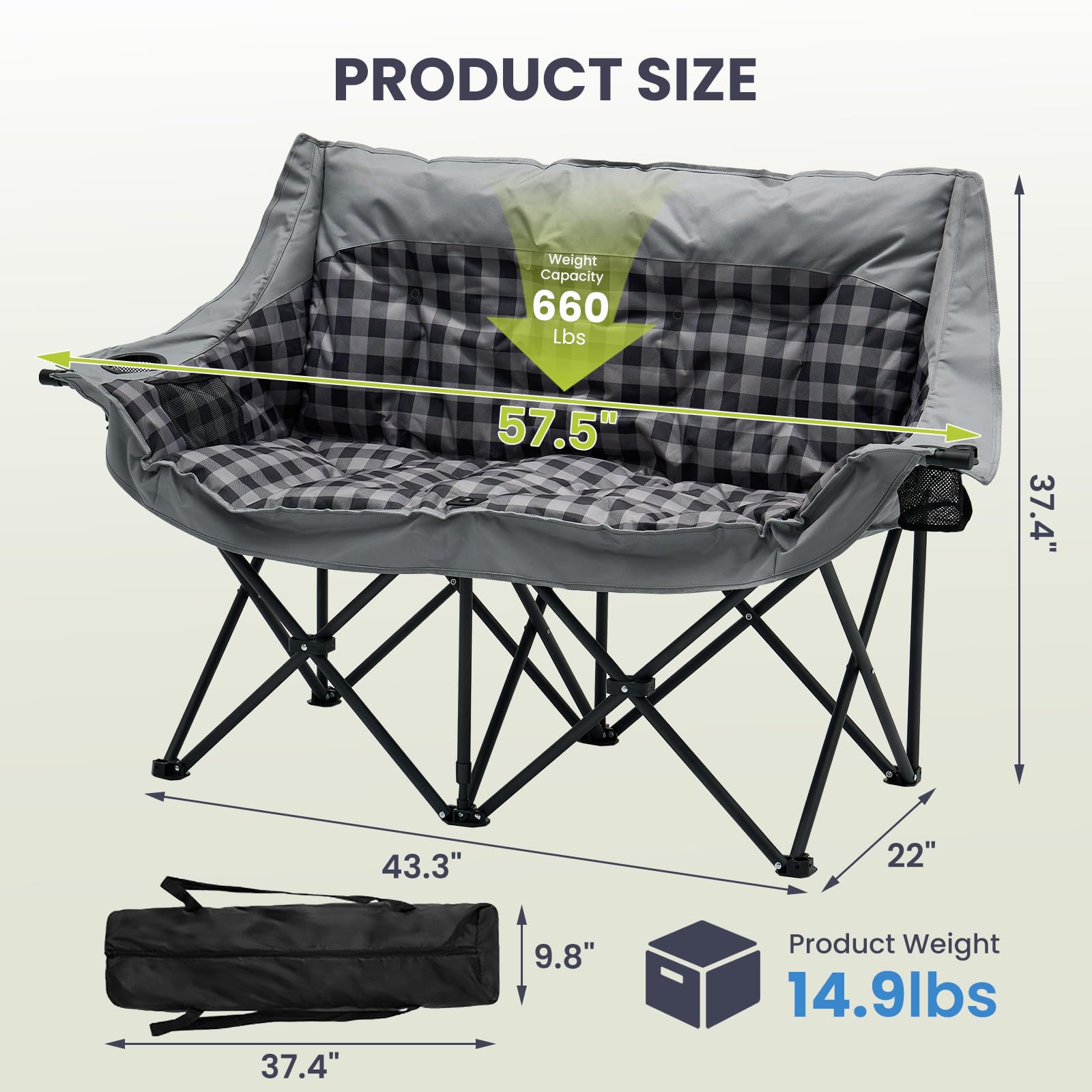 DoCred Double Camping Loveseat Chair | 2-Person | 660 lb Capacity | Cup Holders & Side Pockets