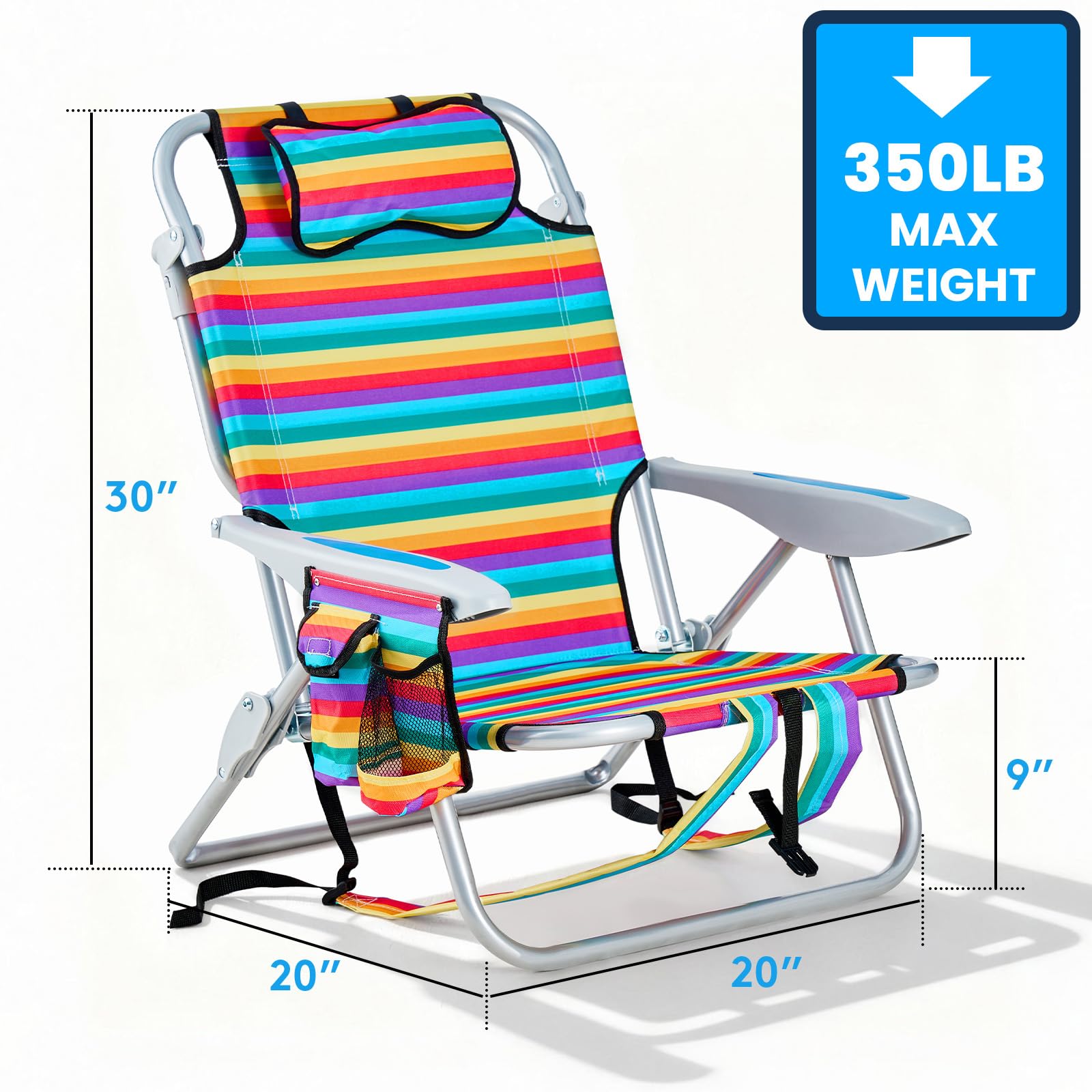 Portable Lay-Flat Beach Chair | 2-Pack | 5-Position Backpack Chair with Cup Holder