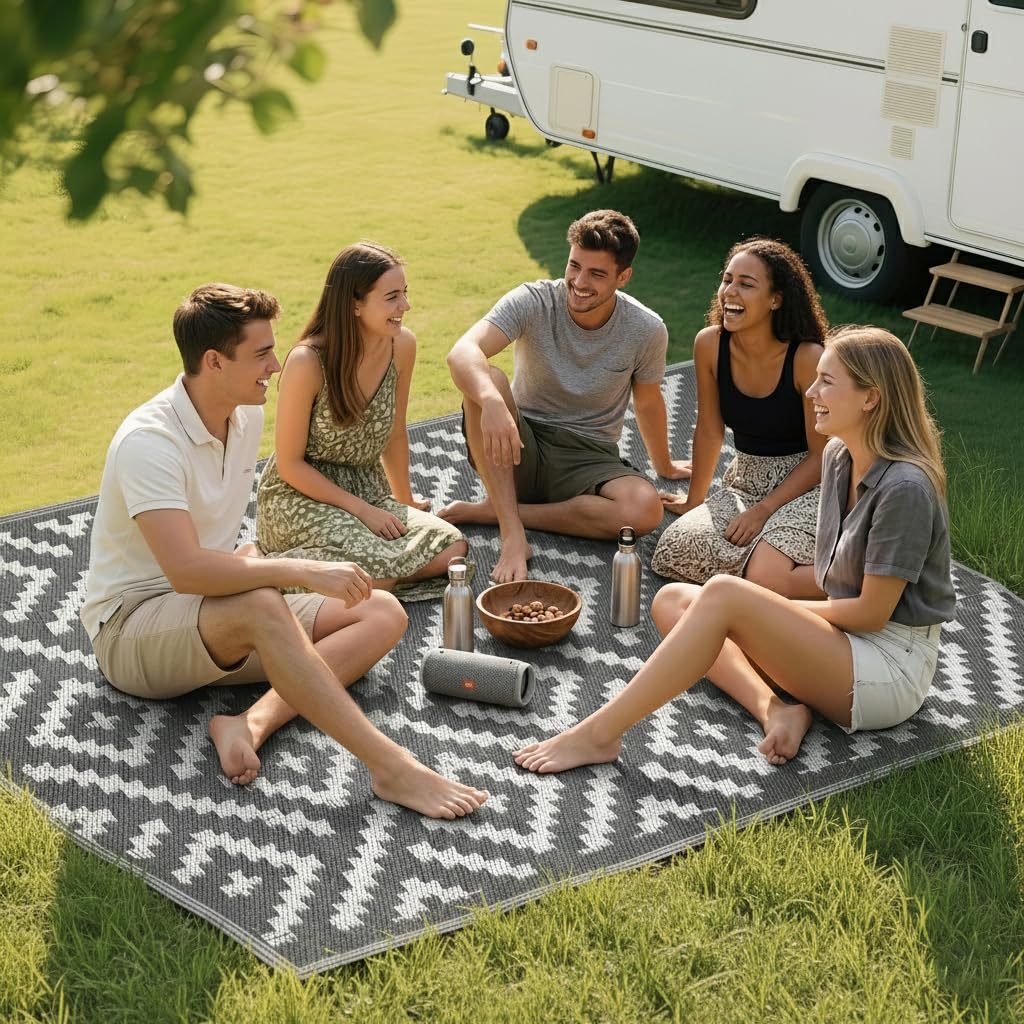 RURALITY Outdoor Rugs 8'x10' Waterproof for Patios Clearance,Plastic Straw Mats for RV, Camping,Backyard,Porch,Deck,Balcony,Reversible,Geometric