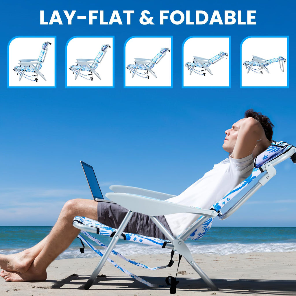 Portable Lay-Flat Beach Chair | 2-Pack | 5-Position Backpack Chair with Cup Holder