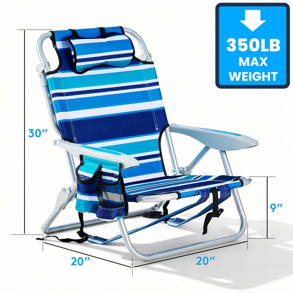 Portable Lay-Flat Beach Chair | 2-Pack | 5-Position Backpack Chair with Cup Holder