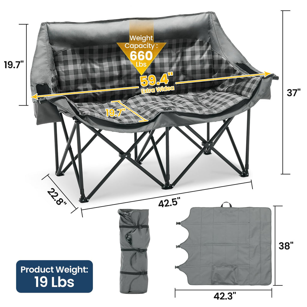 DoCred Double Camping Loveseat Chair | 2-Person | 660 lb Capacity | Cup Holders & Side Pockets