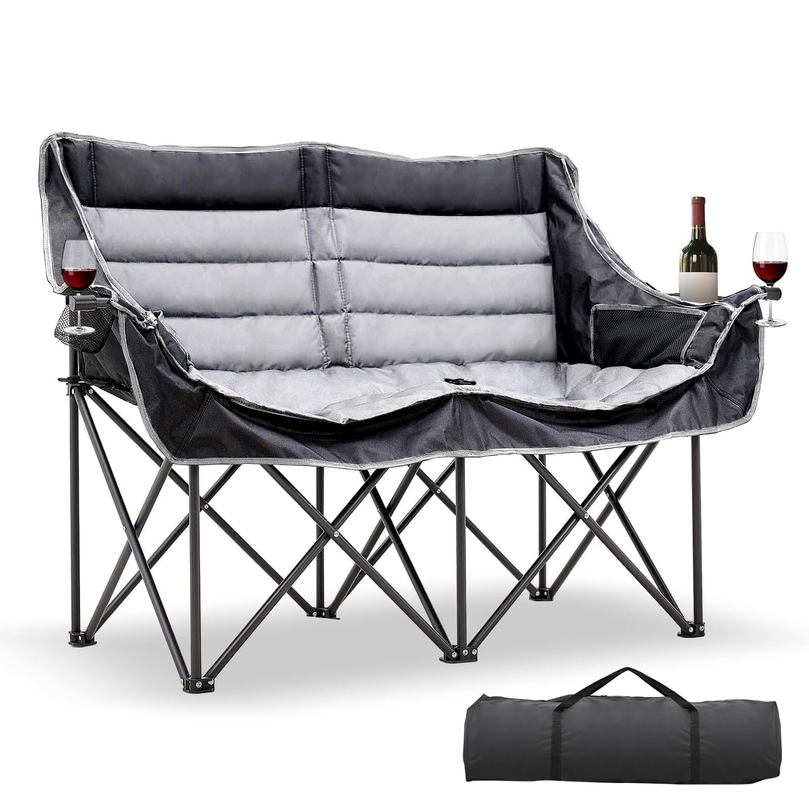 DoCred Double Camping Loveseat Chair | 2-Person | 660 lb Capacity | Cup Holders & Side Pockets