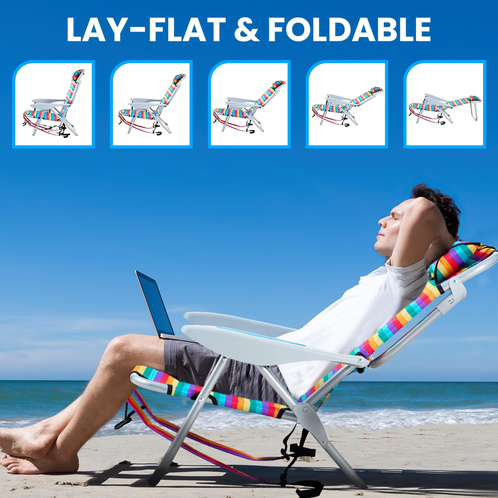 Portable Lay-Flat Beach Chair | 2-Pack | 5-Position Backpack Chair with Cup Holder