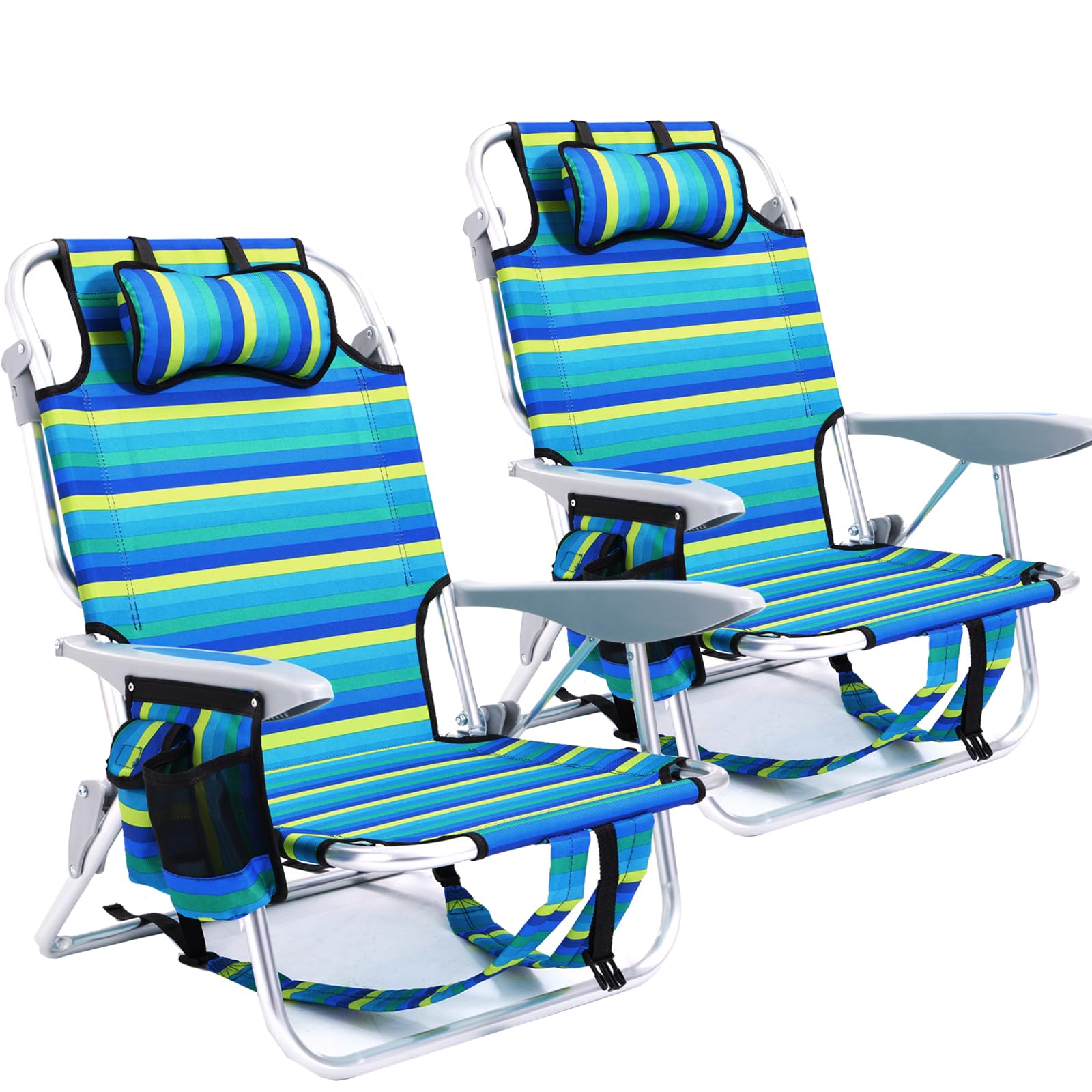 Portable Lay-Flat Beach Chair | 2-Pack | 5-Position Backpack Chair with Cup Holder