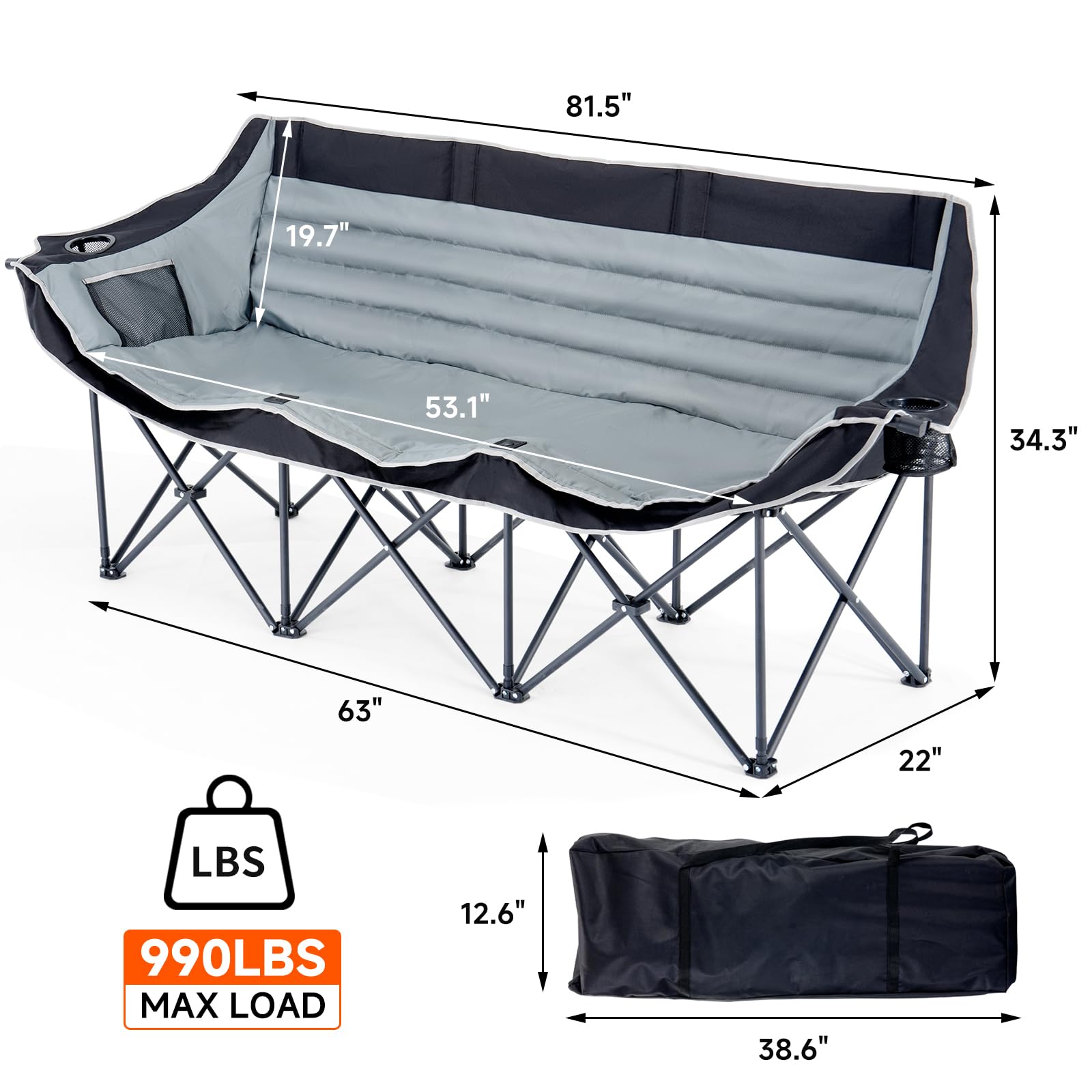 DoCred Double Camping Loveseat Chair | 2-Person | 660 lb Capacity | Cup Holders & Side Pockets