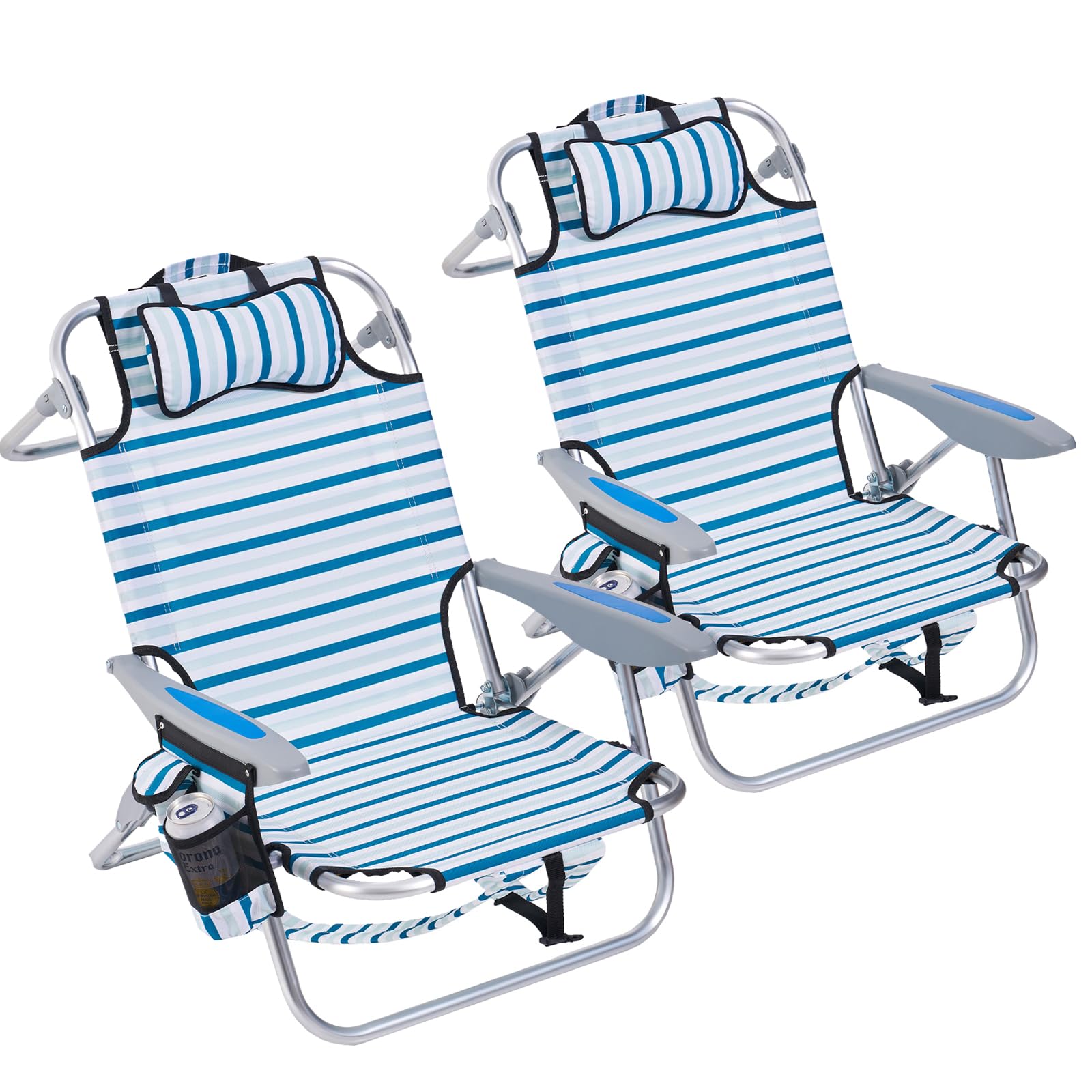 Portable Lay-Flat Beach Chair | 2-Pack | 5-Position Backpack Chair with Cup Holder