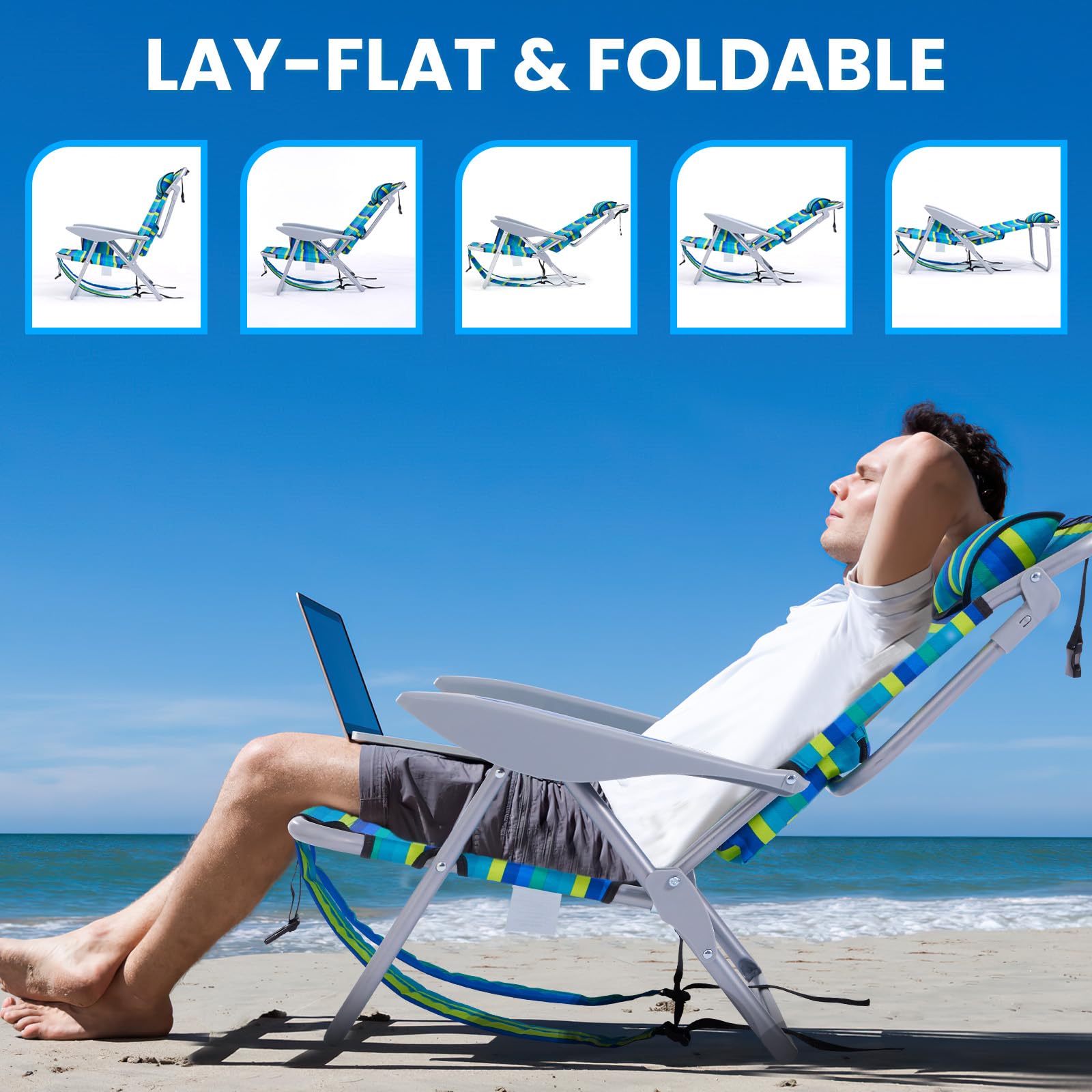 Portable Lay-Flat Beach Chair | 2-Pack | 5-Position Backpack Chair with Cup Holder