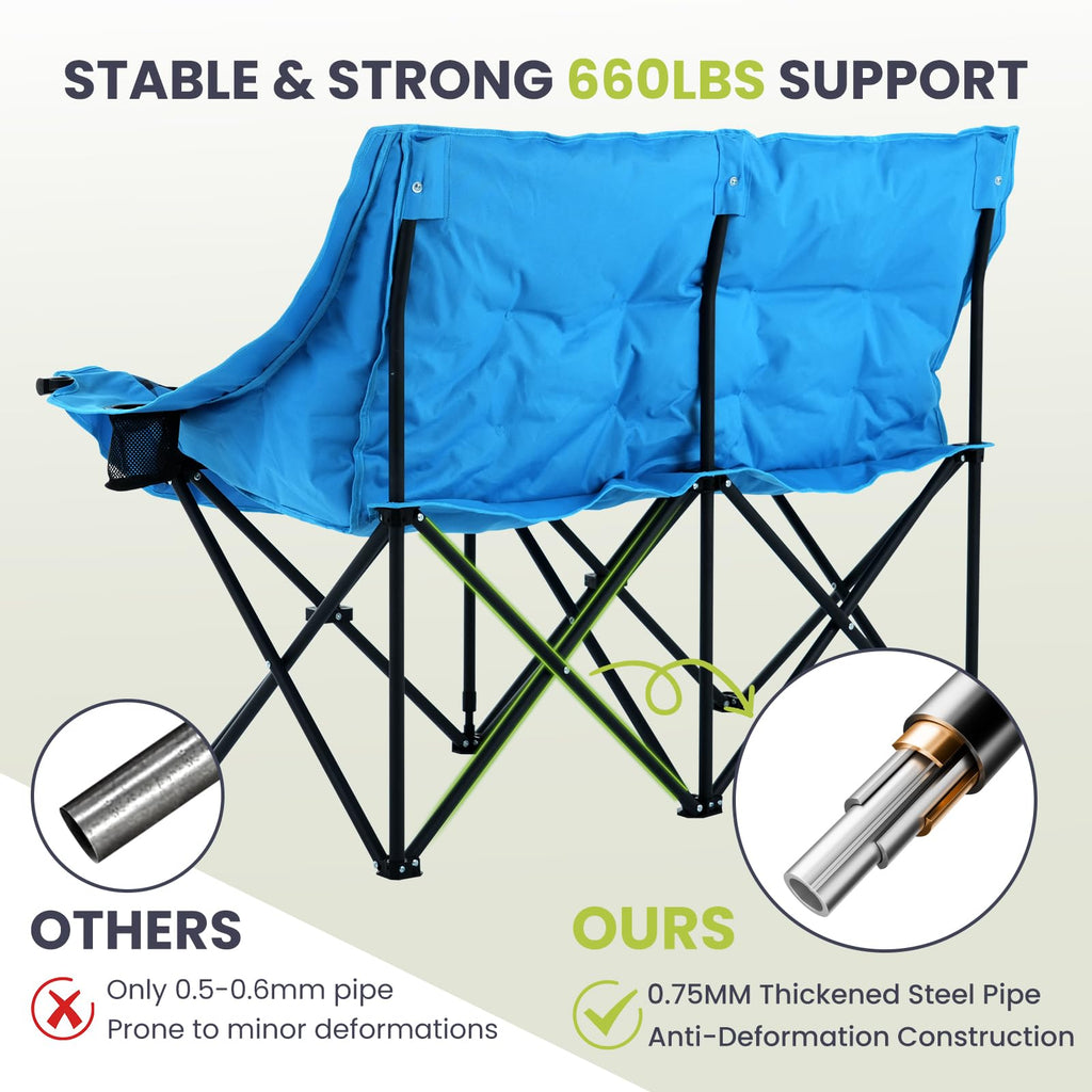 DoCred Double Camping Loveseat Chair | 2-Person | 660 lb Capacity | Cup Holders & Side Pockets