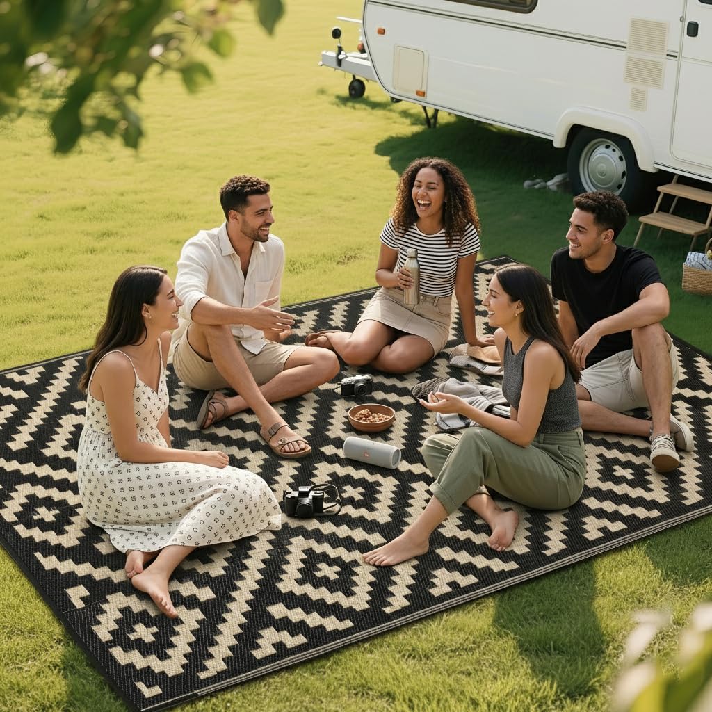 RURALITY Outdoor Rugs 8'x10' Waterproof for Patios Clearance,Plastic Straw Mats for RV, Camping,Backyard,Porch,Deck,Balcony,Reversible,Geometric