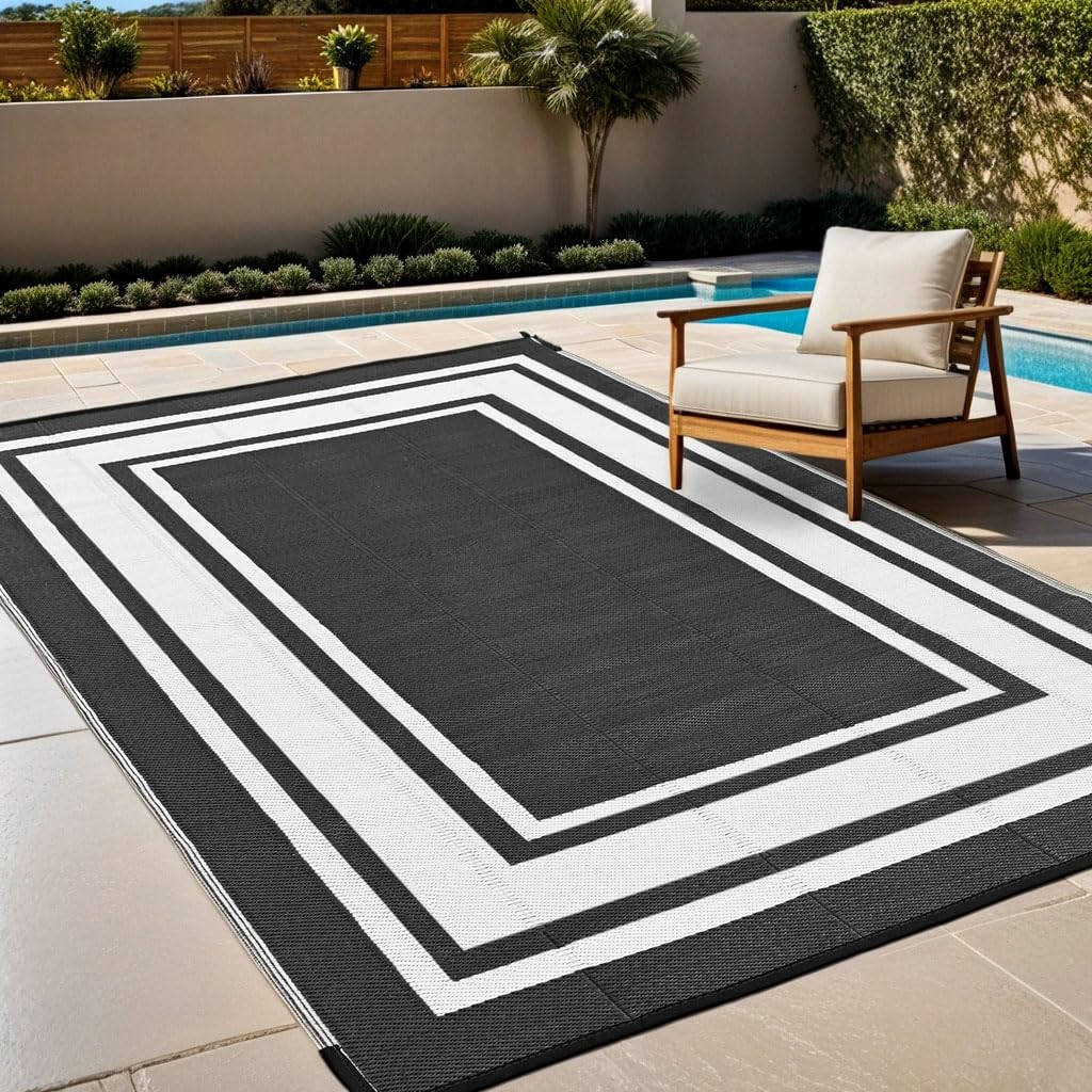 RURALITY Outdoor Rugs 8'x10' Waterproof for Patios Clearance,Plastic Straw Mats for RV, Camping,Backyard,Porch,Deck,Balcony,Reversible,Geometric