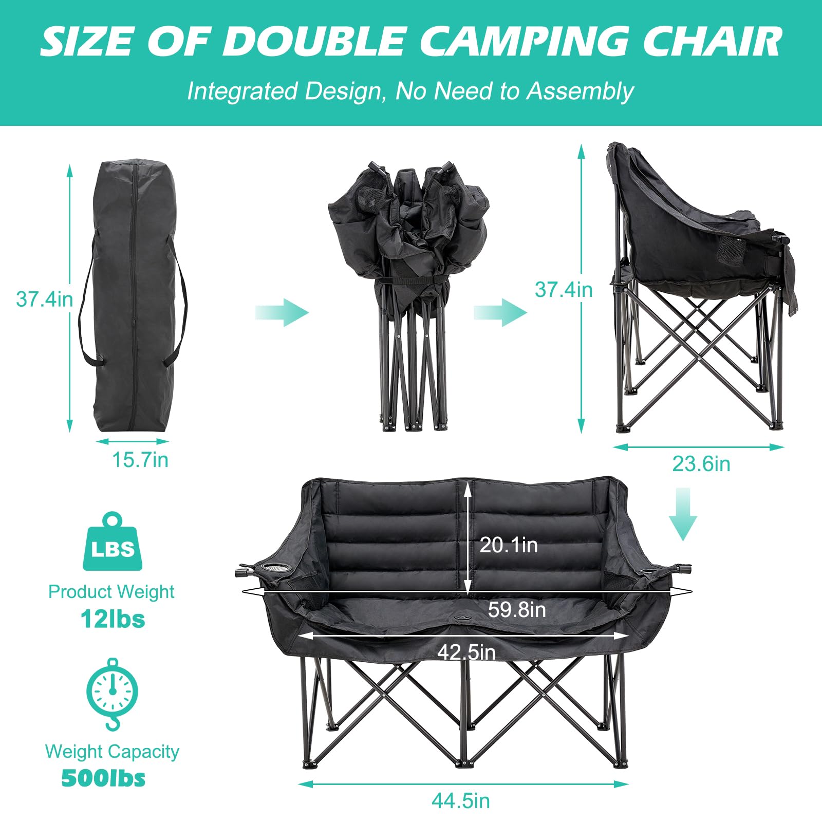 DoCred Double Camping Loveseat Chair | 2-Person | 660 lb Capacity | Cup Holders & Side Pockets