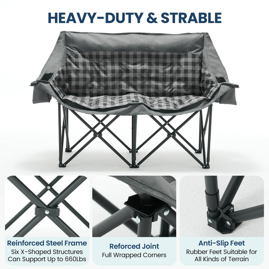 DoCred Double Camping Loveseat Chair | 2-Person | 660 lb Capacity | Cup Holders & Side Pockets