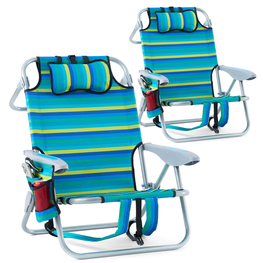 Portable Lay-Flat Beach Chair | 2-Pack | 5-Position Backpack Chair with Cup Holder