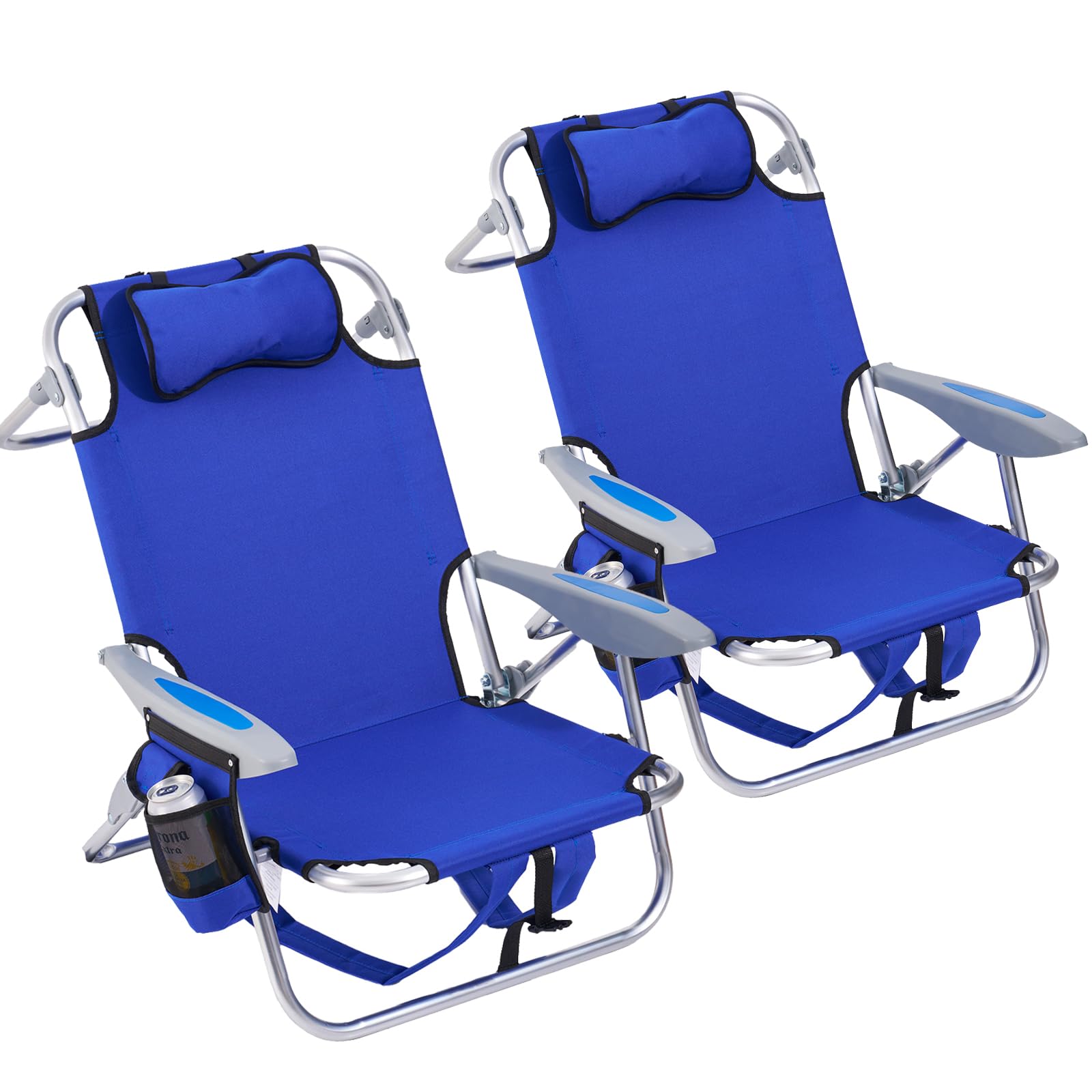 Portable Lay-Flat Beach Chair | 2-Pack | 5-Position Backpack Chair with Cup Holder