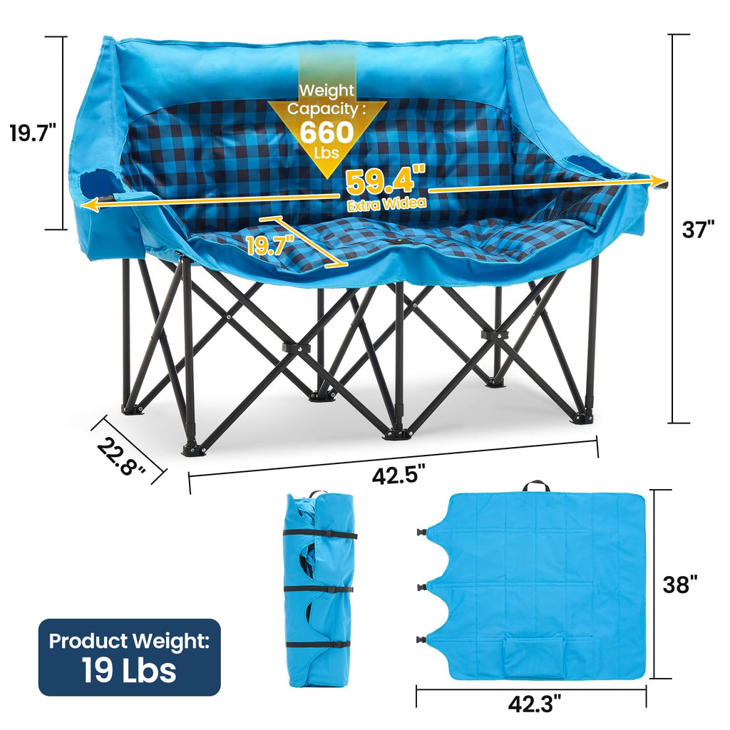 DoCred Double Camping Loveseat Chair | 2-Person | 660 lb Capacity | Cup Holders & Side Pockets