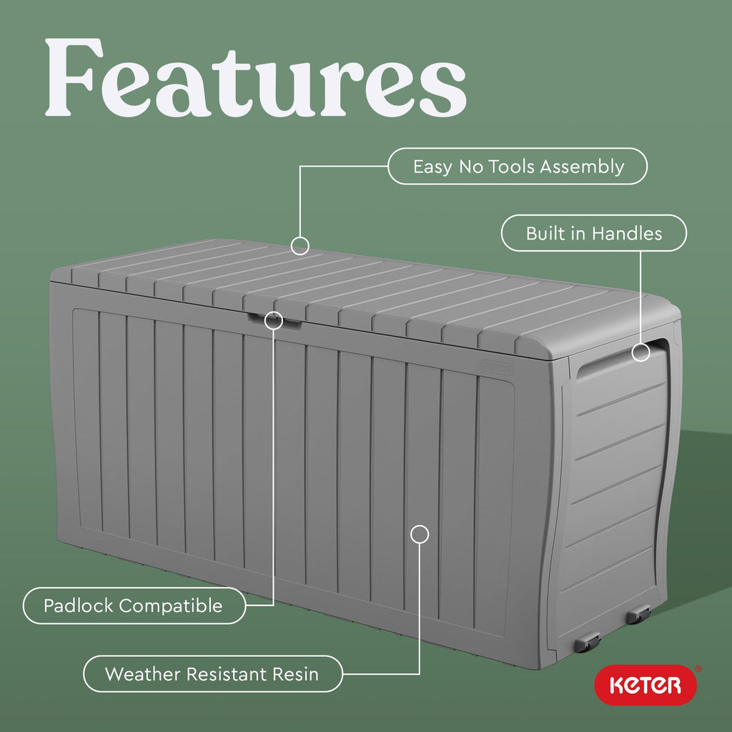 Keter Marvel Plus 71 Gallon Resin Outdoor Storage Box for Patio Furniture Cushions, Throw Pillows, Garden Tools and Pool Floats, Beige
