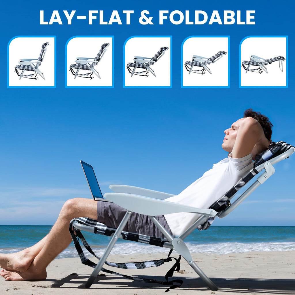 Portable Lay-Flat Beach Chair | 2-Pack | 5-Position Backpack Chair with Cup Holder