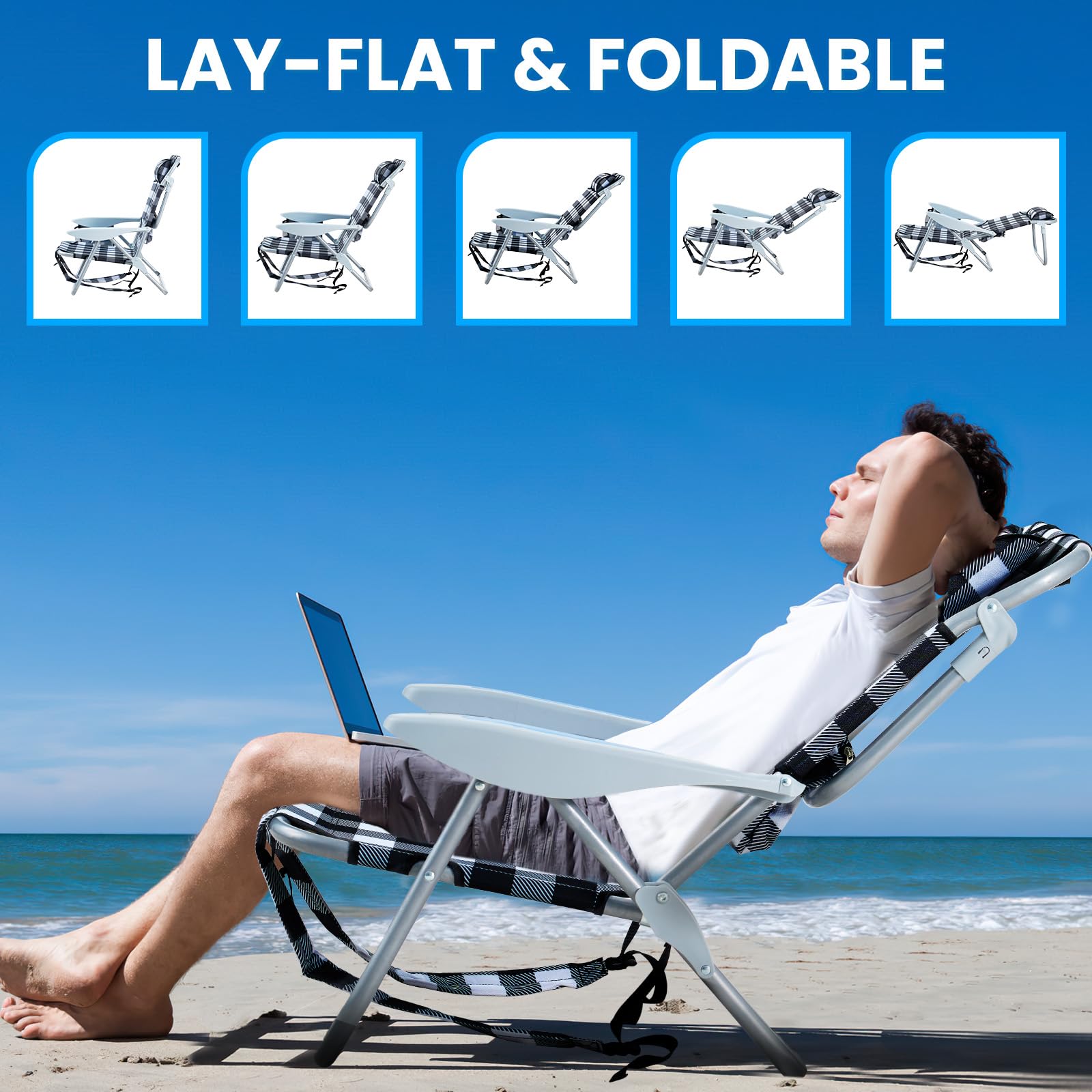 Portable Lay-Flat Beach Chair | 2-Pack | 5-Position Backpack Chair with Cup Holder
