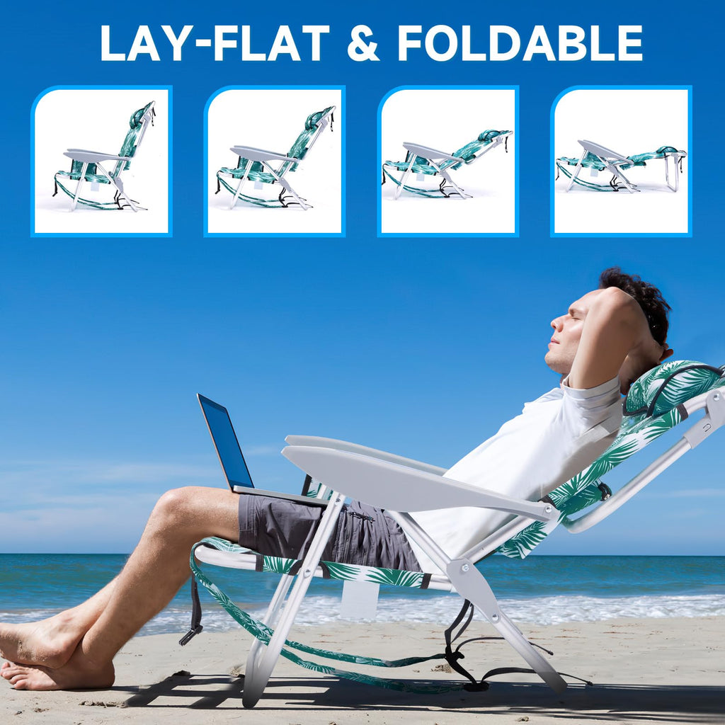 Portable Lay-Flat Beach Chair | 2-Pack | 5-Position Backpack Chair with Cup Holder