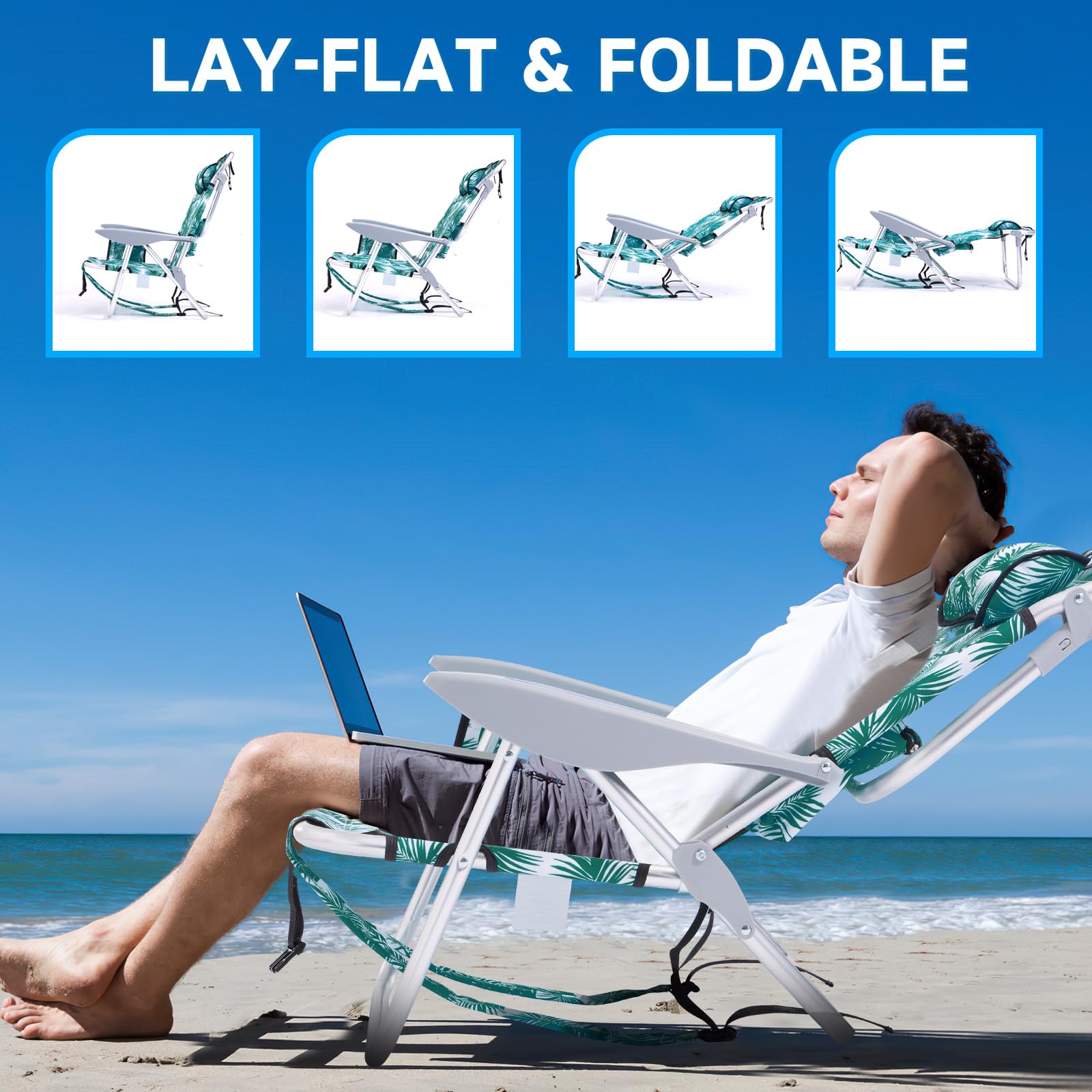 Portable Lay-Flat Beach Chair | 2-Pack | 5-Position Backpack Chair with Cup Holder