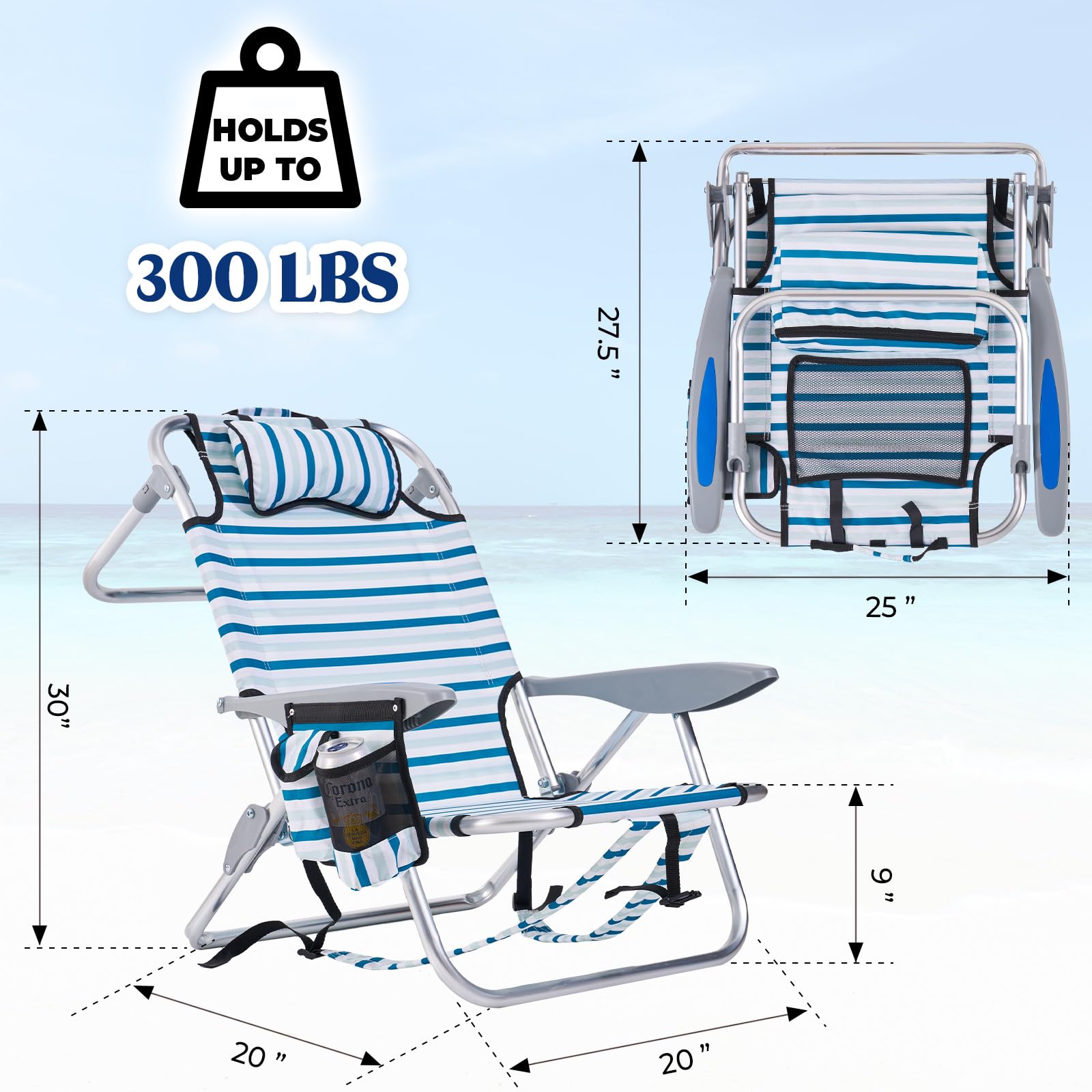 Portable Lay-Flat Beach Chair | 2-Pack | 5-Position Backpack Chair with Cup Holder