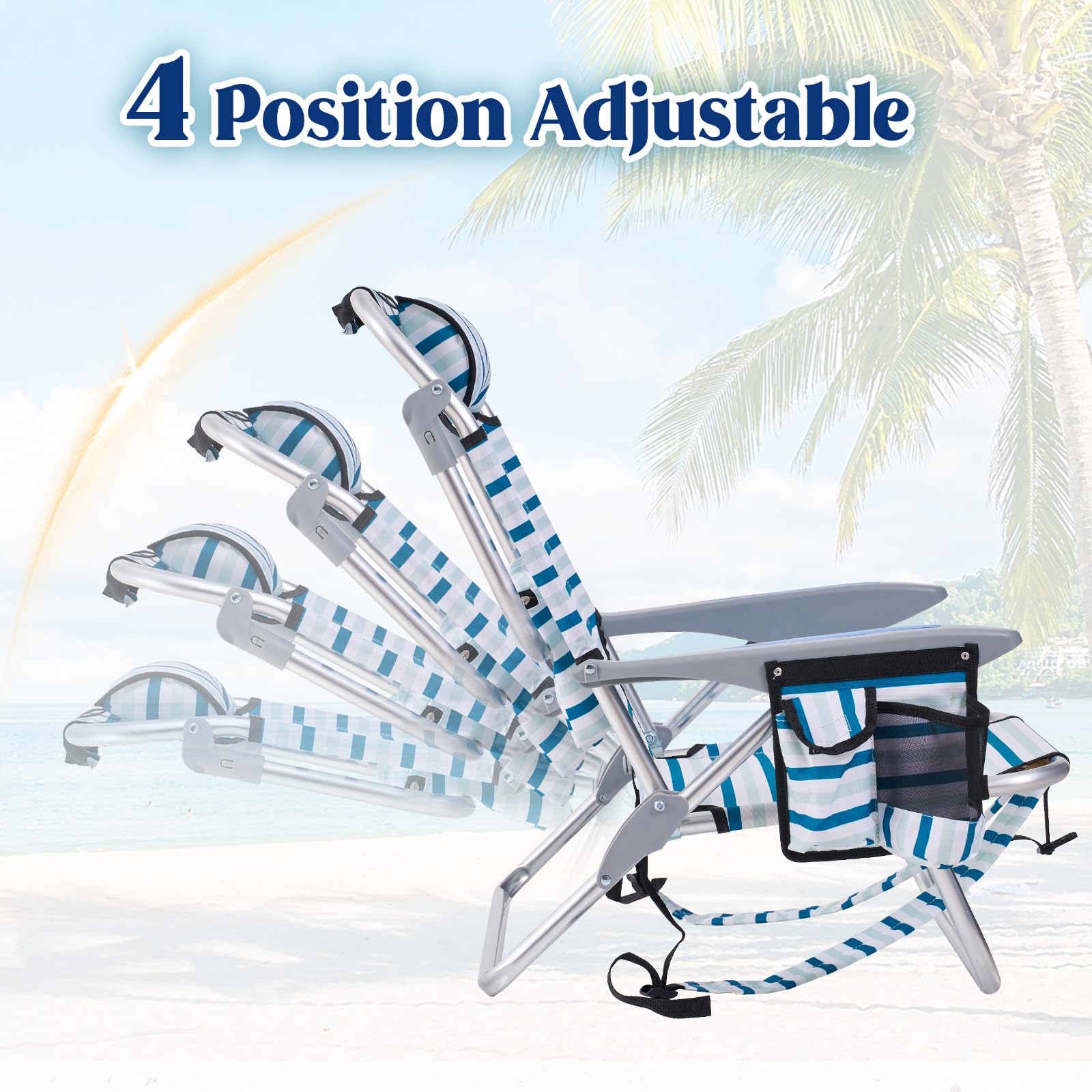 Portable Lay-Flat Beach Chair | 2-Pack | 5-Position Backpack Chair with Cup Holder