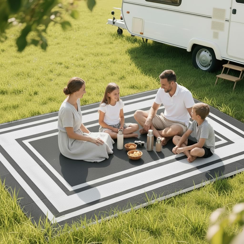 RURALITY Outdoor Rugs 8'x10' Waterproof for Patios Clearance,Plastic Straw Mats for RV, Camping,Backyard,Porch,Deck,Balcony,Reversible,Geometric