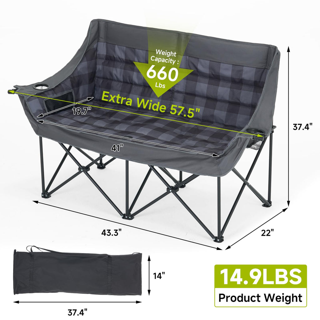 DoCred Double Camping Loveseat Chair | 2-Person | 660 lb Capacity | Cup Holders & Side Pockets