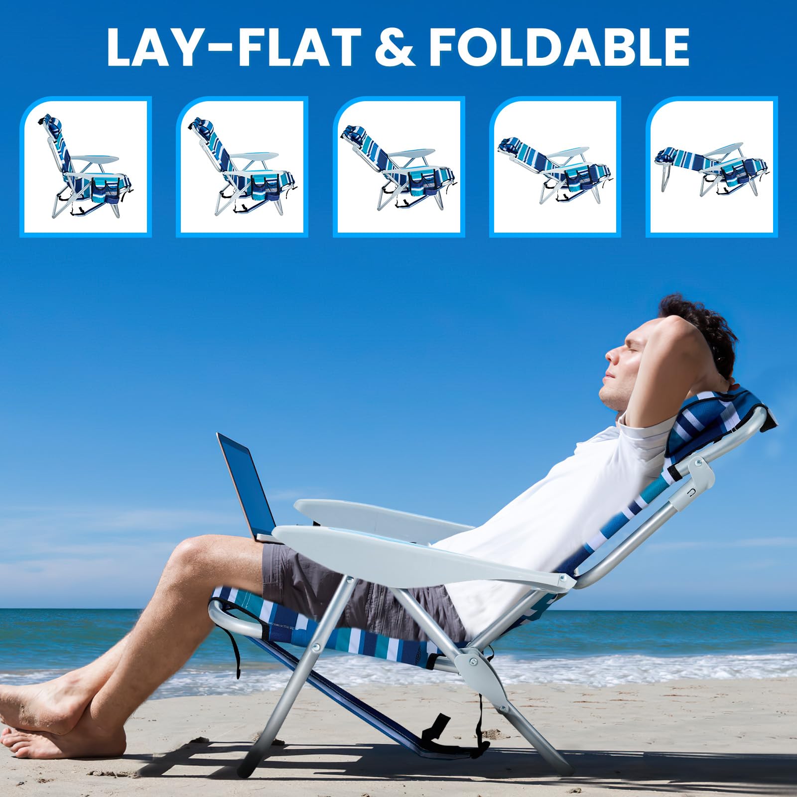 Portable Lay-Flat Beach Chair | 2-Pack | 5-Position Backpack Chair with Cup Holder