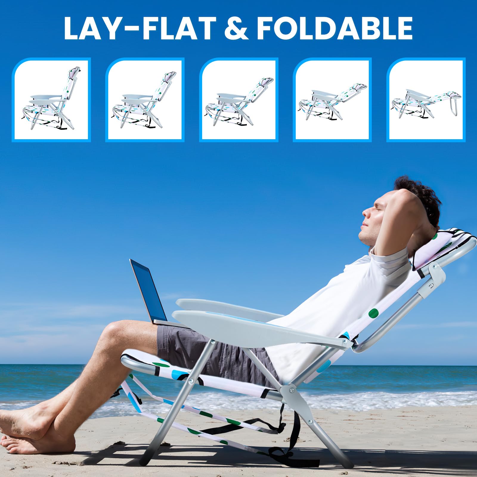 Portable Lay-Flat Beach Chair | 2-Pack | 5-Position Backpack Chair with Cup Holder