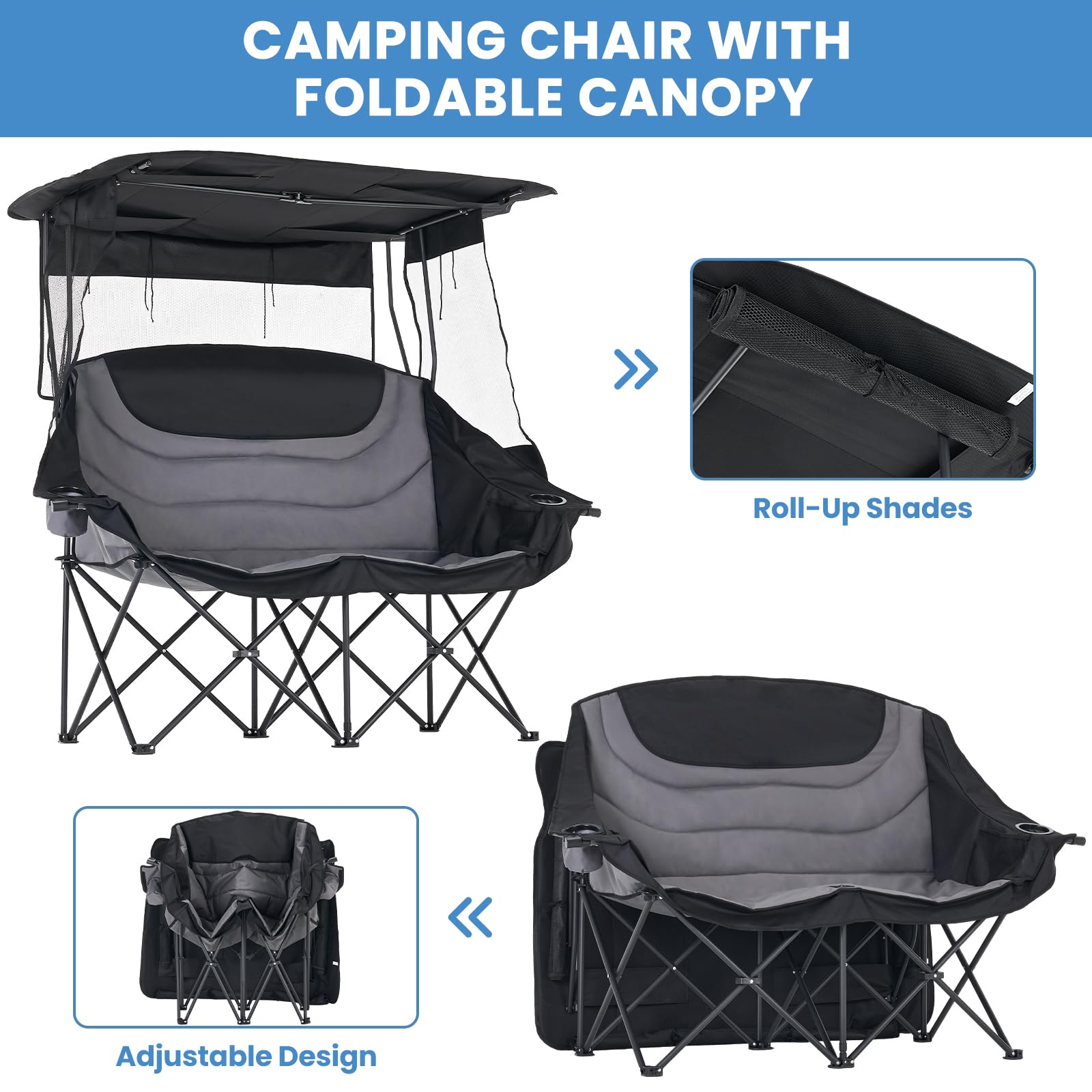 DoCred Double Camping Loveseat Chair | 2-Person | 660 lb Capacity | Cup Holders & Side Pockets