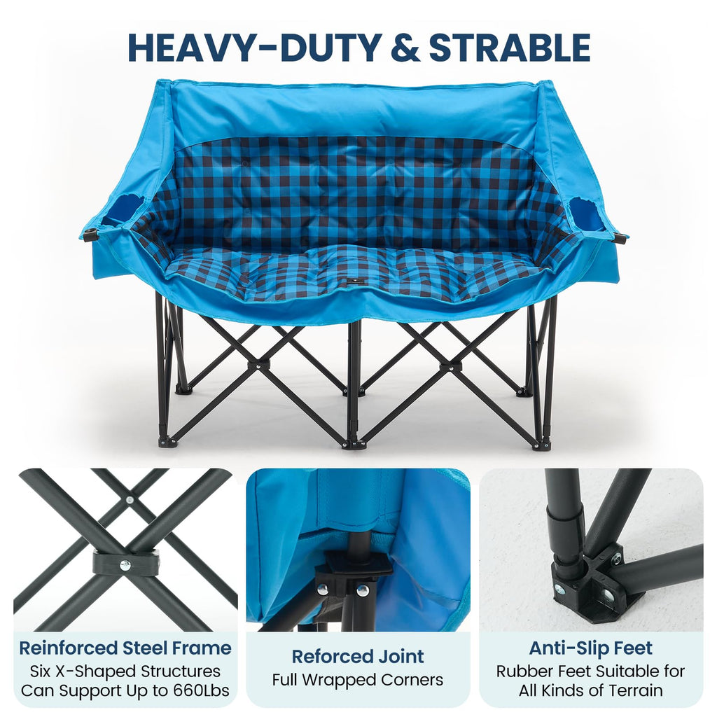 DoCred Double Camping Loveseat Chair | 2-Person | 660 lb Capacity | Cup Holders & Side Pockets