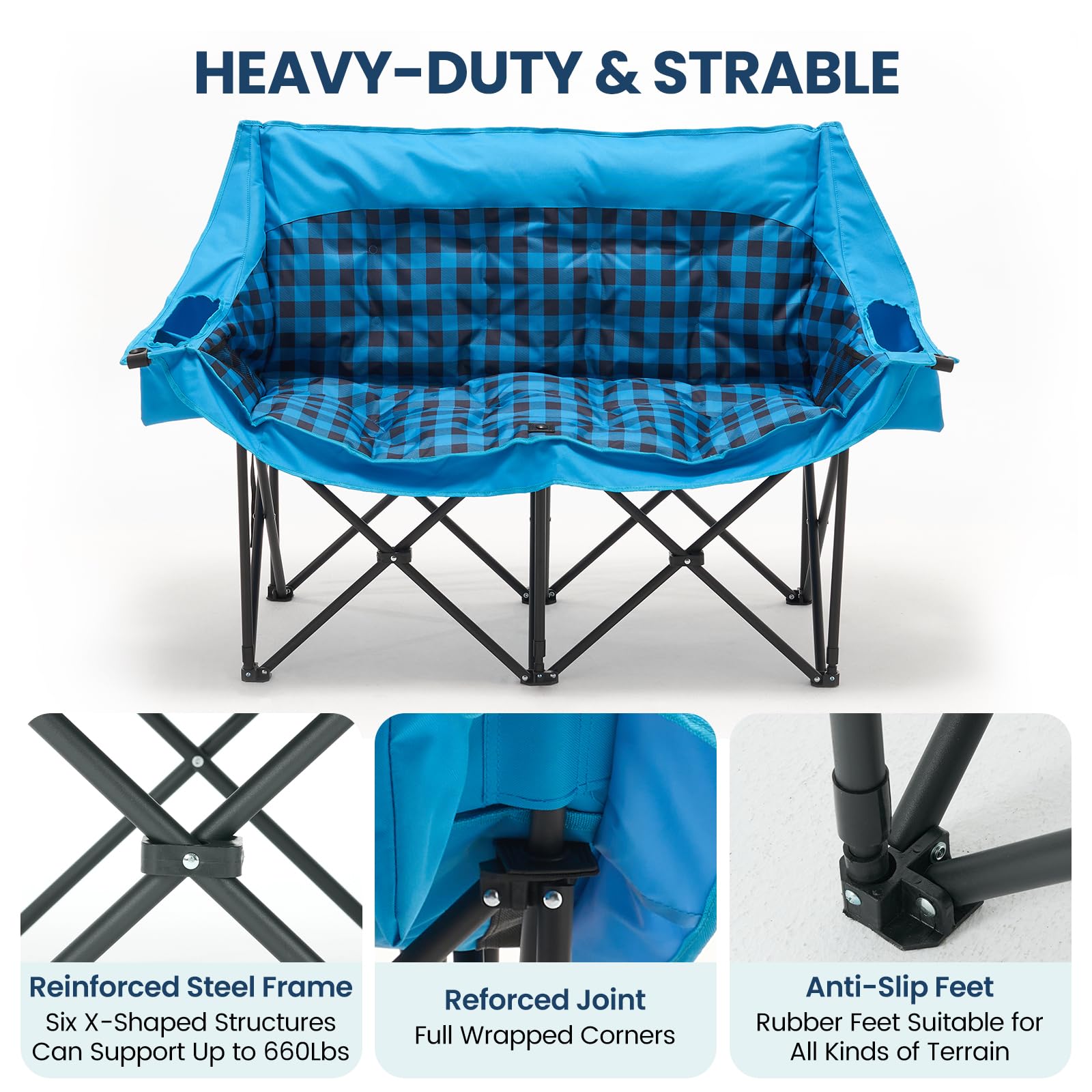DoCred Double Camping Loveseat Chair | 2-Person | 660 lb Capacity | Cup Holders & Side Pockets