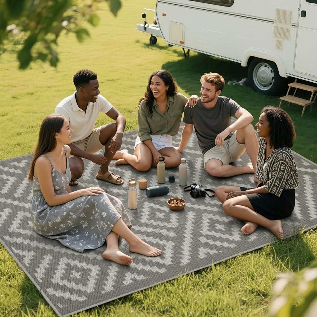 RURALITY Outdoor Rugs 8'x10' Waterproof for Patios Clearance,Plastic Straw Mats for RV, Camping,Backyard,Porch,Deck,Balcony,Reversible,Geometric