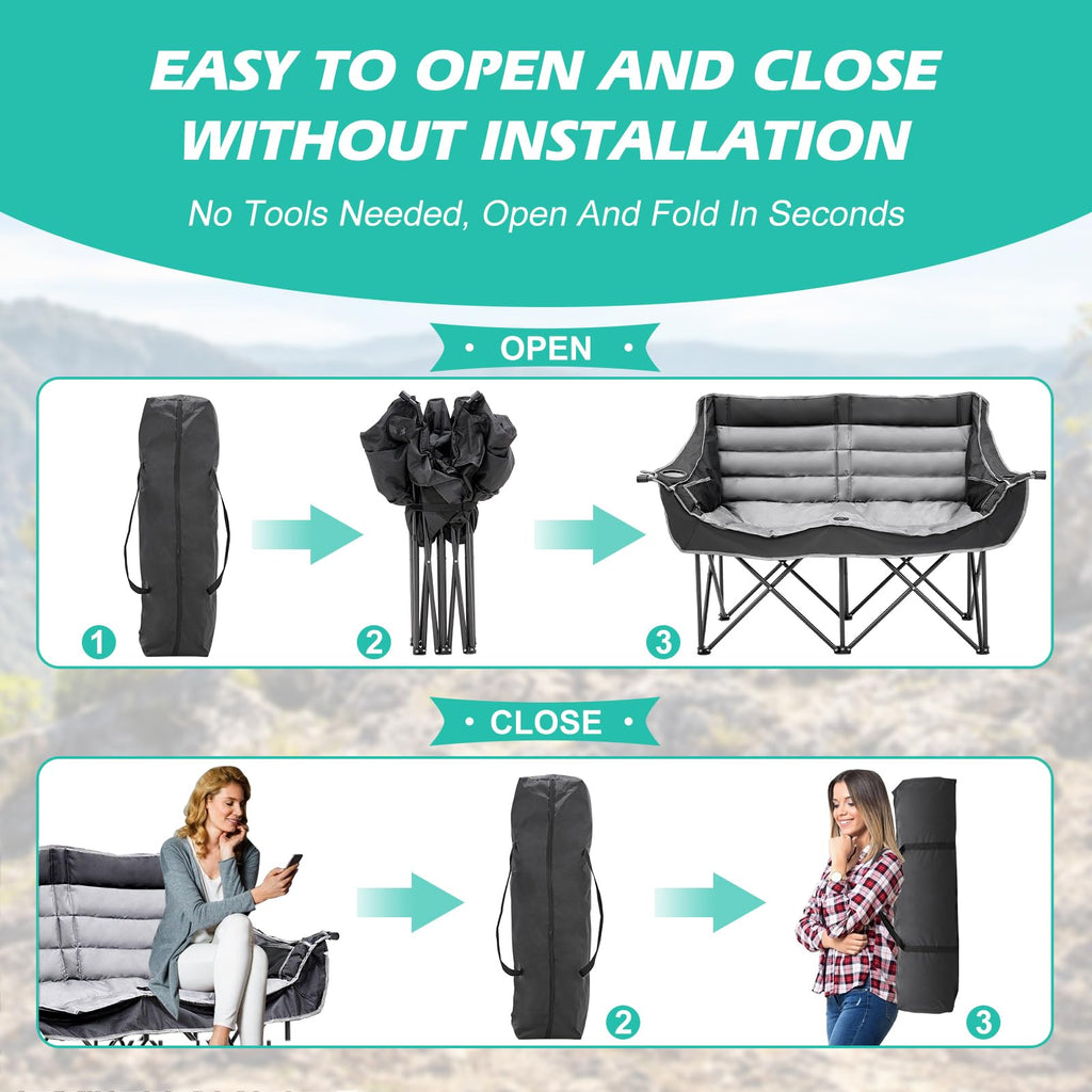 DoCred Double Camping Loveseat Chair | 2-Person | 660 lb Capacity | Cup Holders & Side Pockets