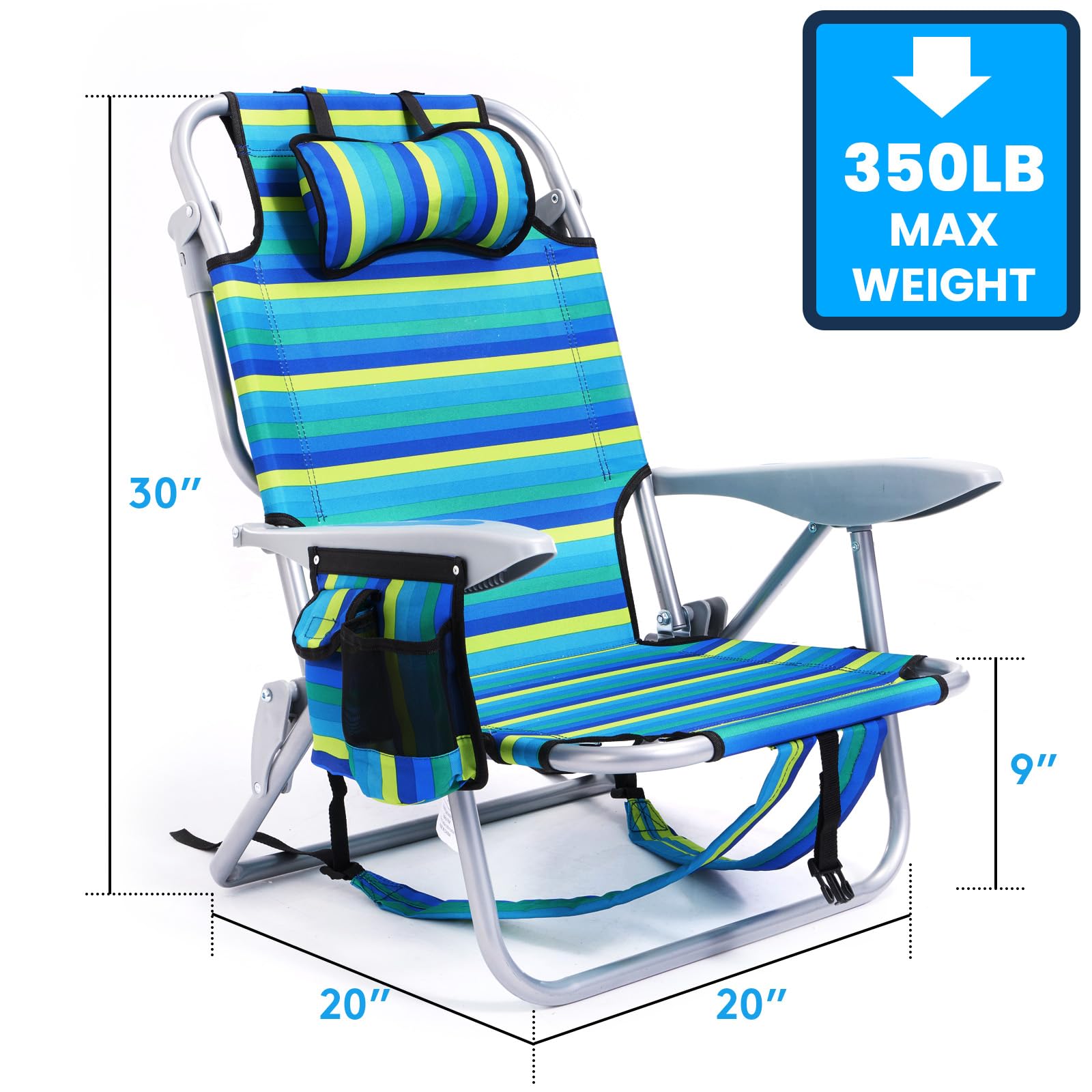 Portable Lay-Flat Beach Chair | 2-Pack | 5-Position Backpack Chair with Cup Holder