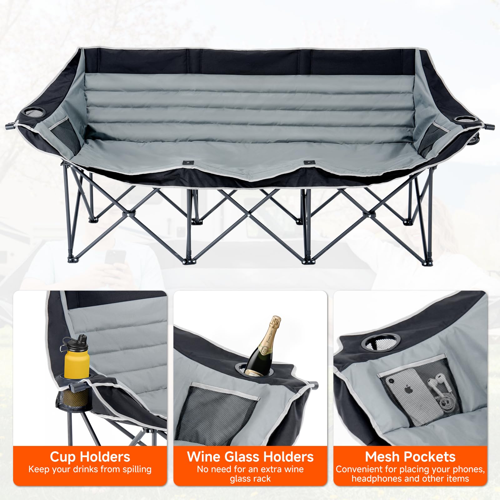 DoCred Double Camping Loveseat Chair | 2-Person | 660 lb Capacity | Cup Holders & Side Pockets