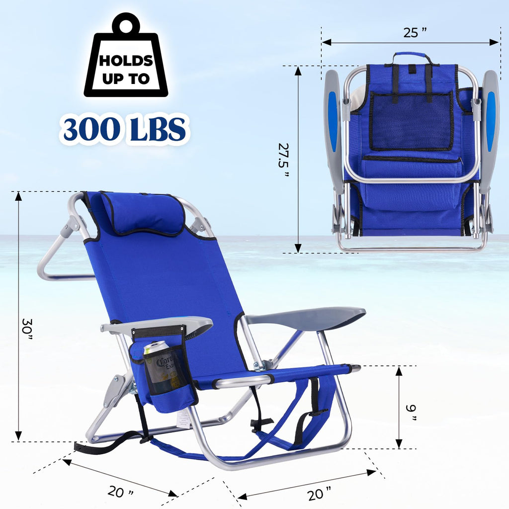 Portable Lay-Flat Beach Chair | 2-Pack | 5-Position Backpack Chair with Cup Holder