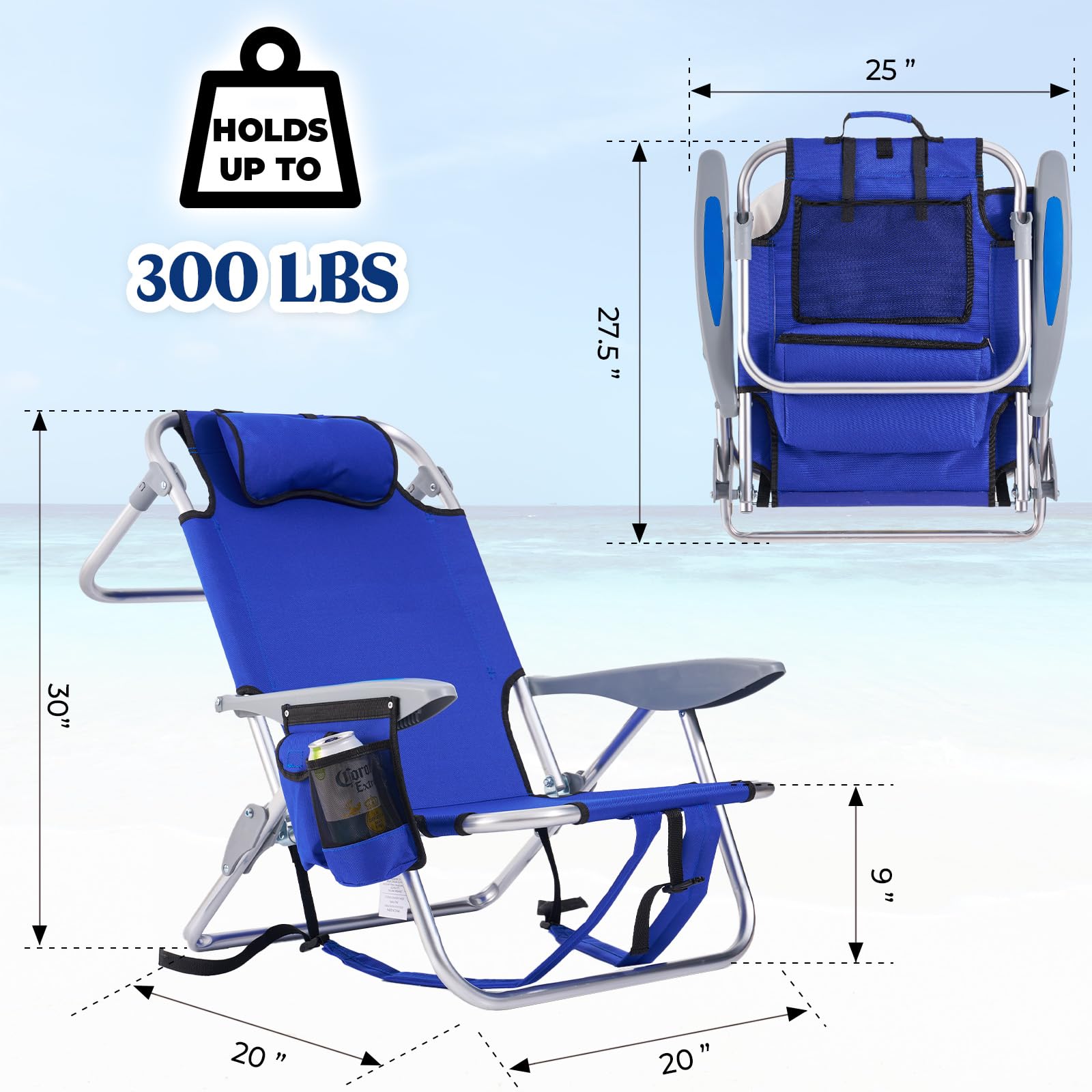Portable Lay-Flat Beach Chair | 2-Pack | 5-Position Backpack Chair with Cup Holder
