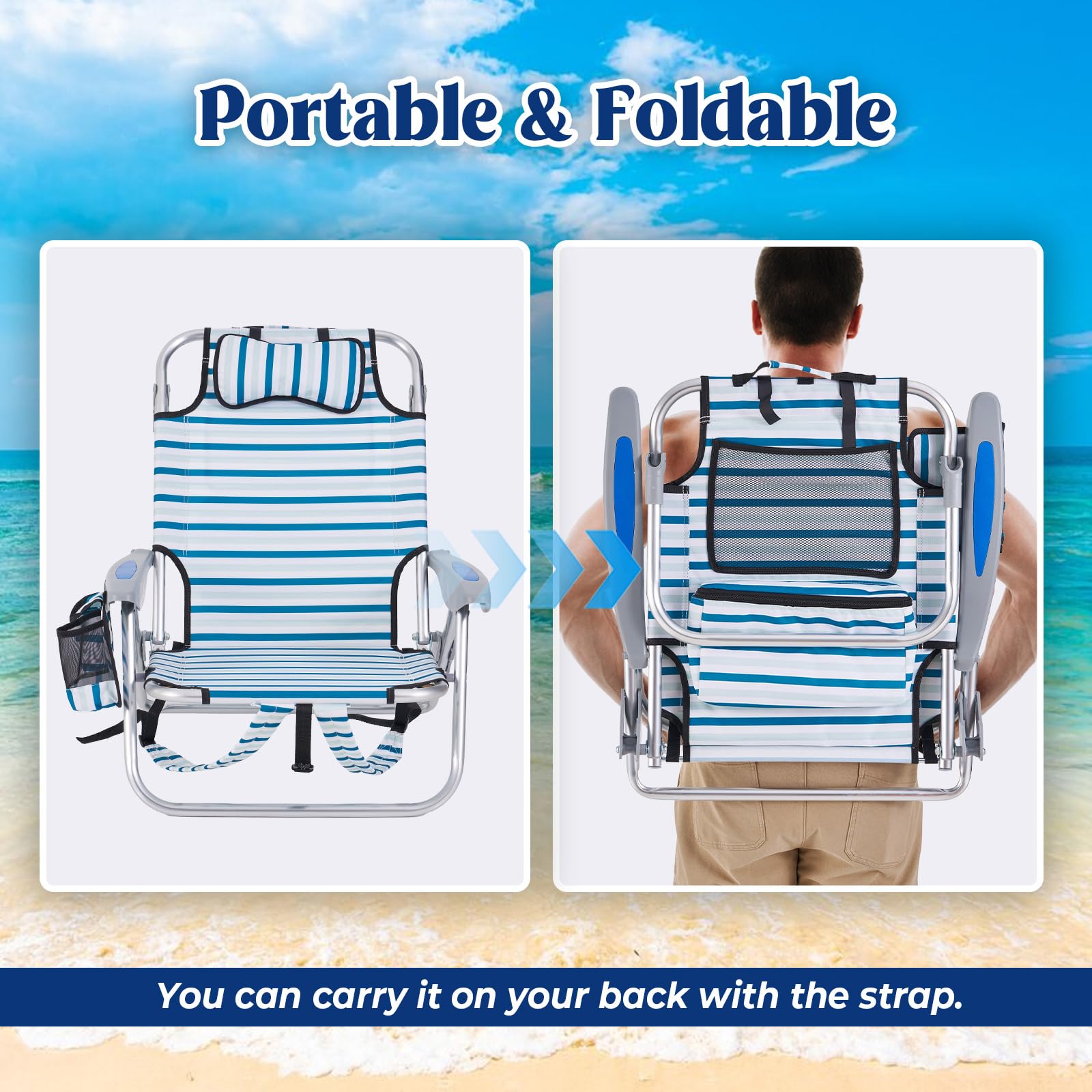 Portable Lay-Flat Beach Chair | 2-Pack | 5-Position Backpack Chair with Cup Holder
