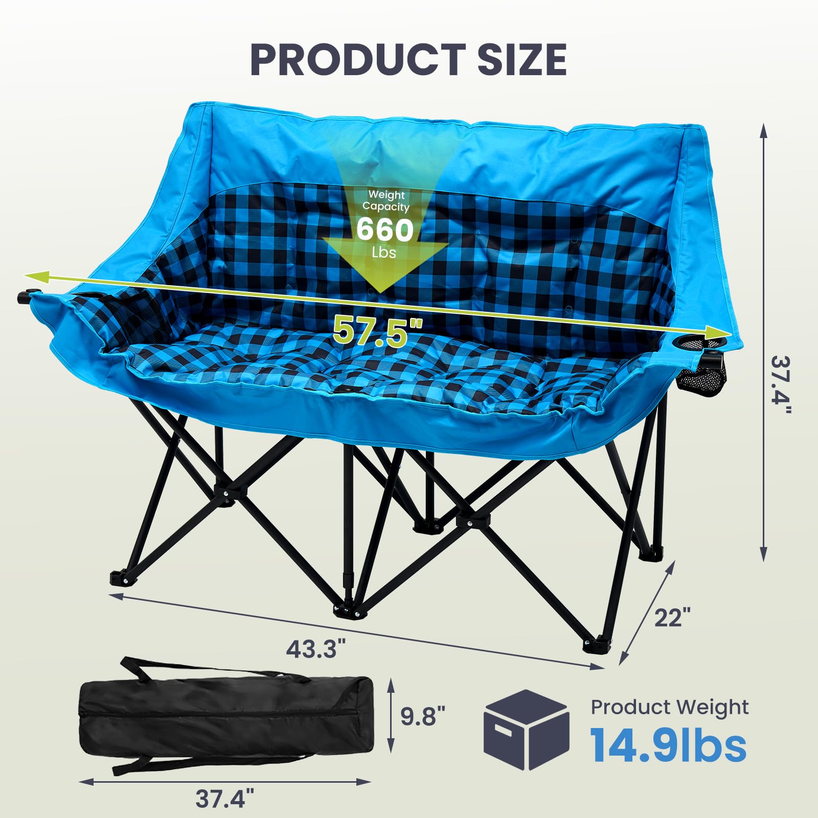 DoCred Double Camping Loveseat Chair | 2-Person | 660 lb Capacity | Cup Holders & Side Pockets