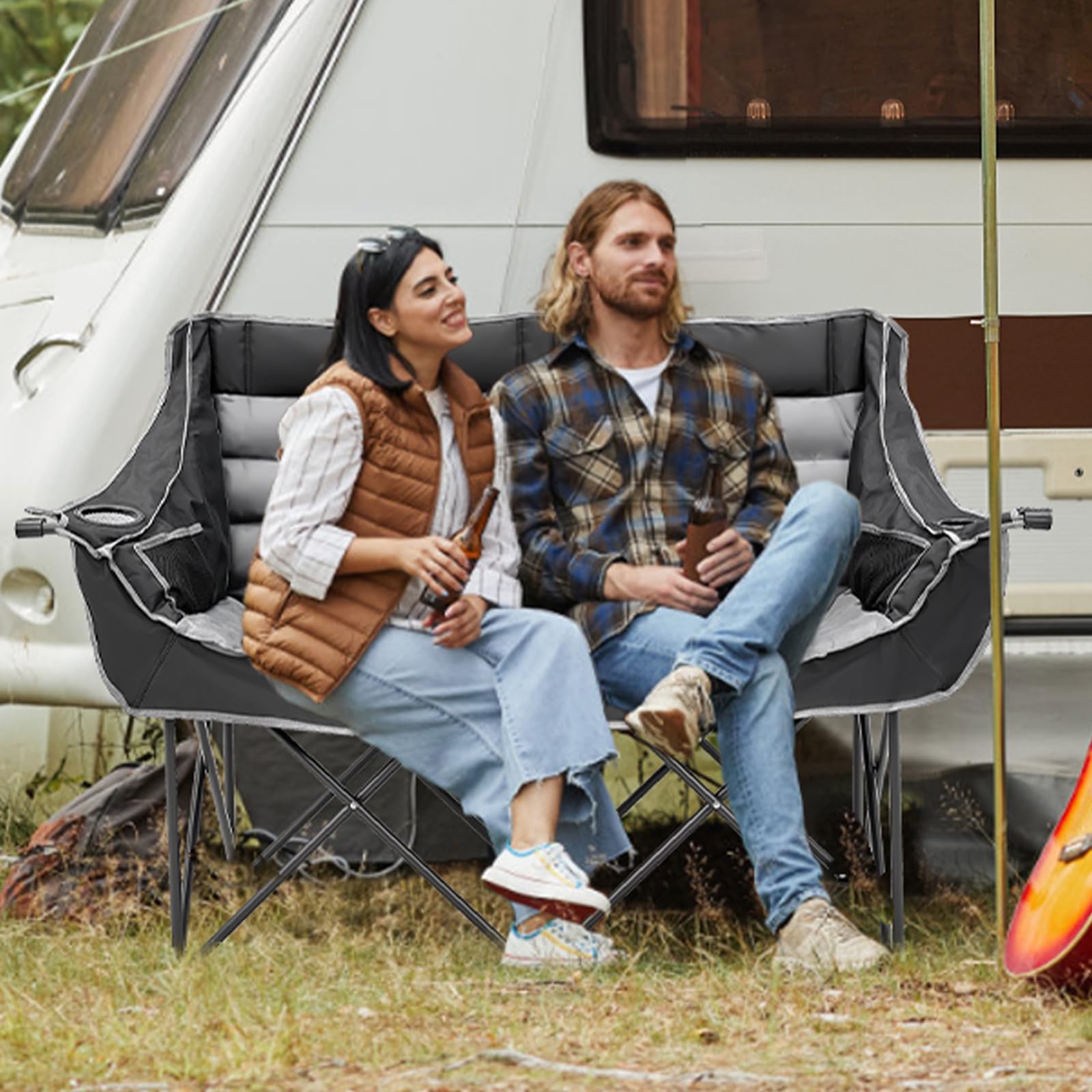 DoCred Double Camping Loveseat Chair | 2-Person | 660 lb Capacity | Cup Holders & Side Pockets