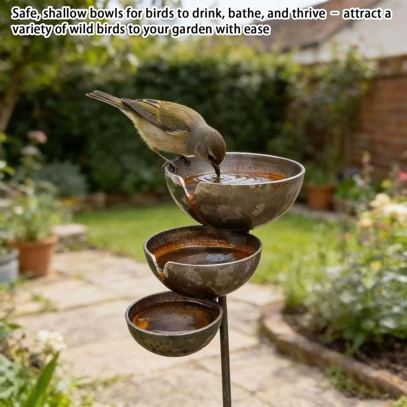 Vintage Iron Bird Bath with Rotating Feeders – Rustic Garden Stake Decor