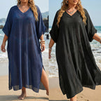 Plus Size Women's Bikini Cover-up V-Neck Loose Casual Dress with Slit Floor-Length Beach Dress